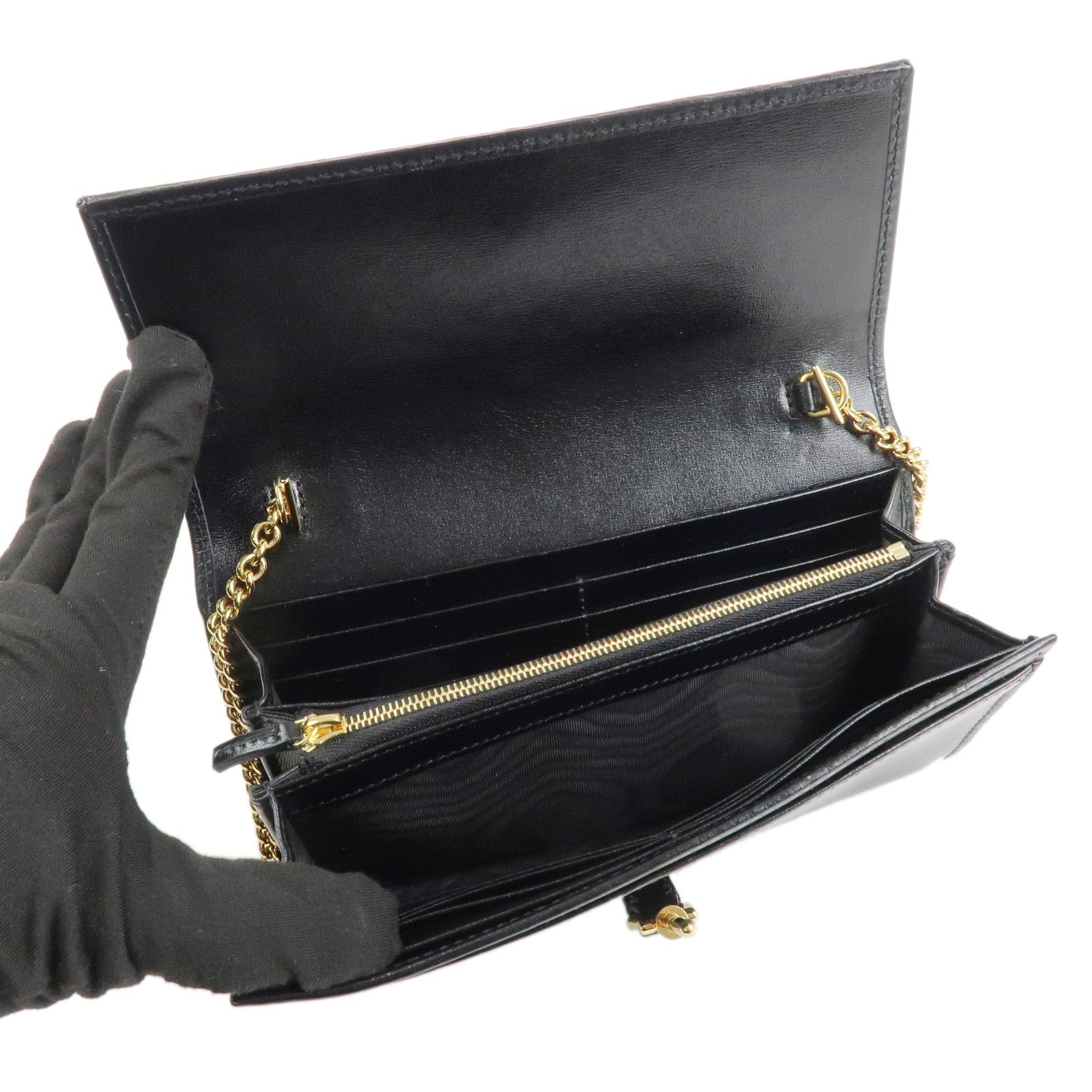 GUCCI Jackie 1961 Leather Chain Wallet WOC Black Gold 652681 Used