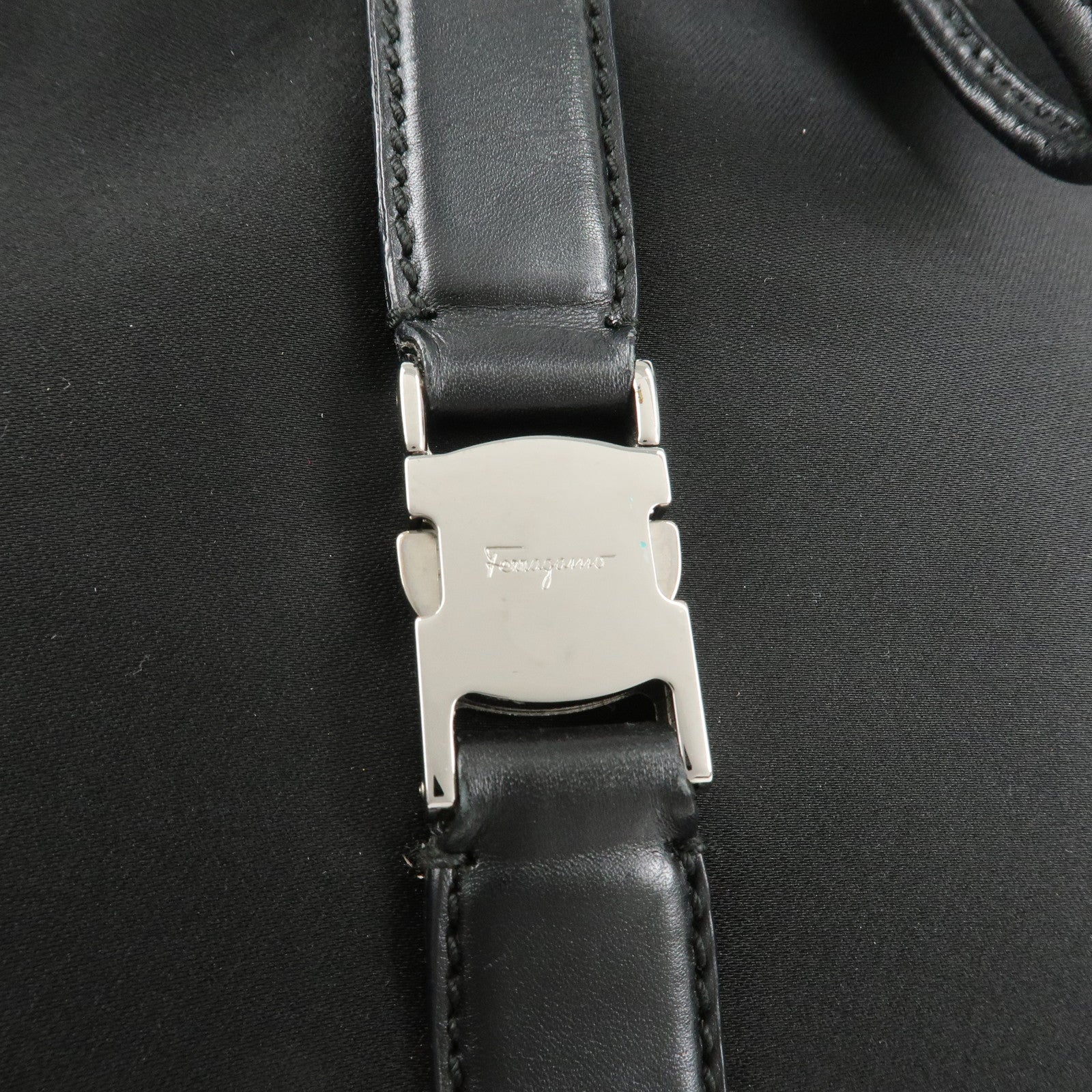 Ferragamo Nylon Canvas One Shoulder Bag Black Silver Hardware Used