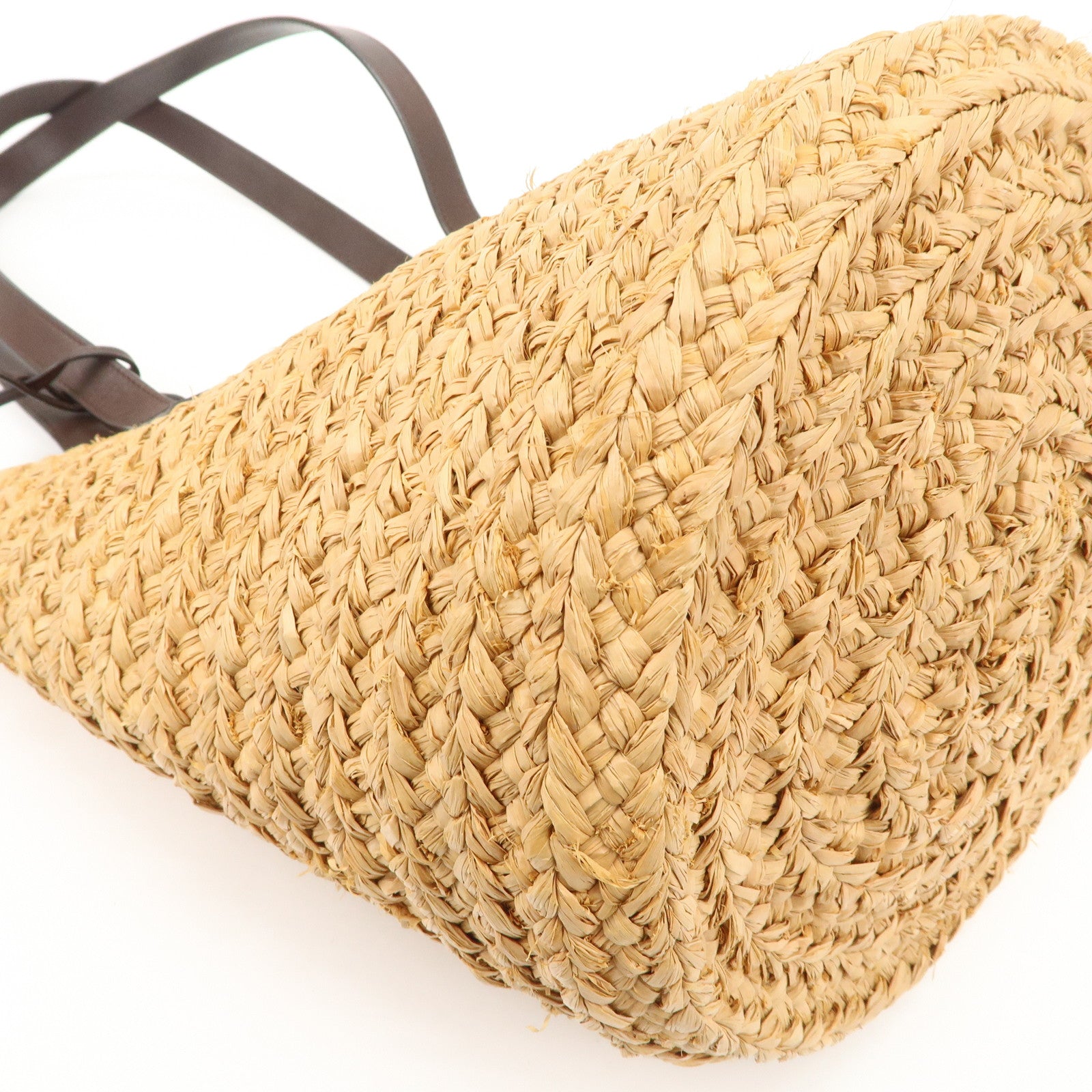 SAINT LAURENT Leather Raffia Tote Bag Shoulder Bag Beige Dark Brown Used