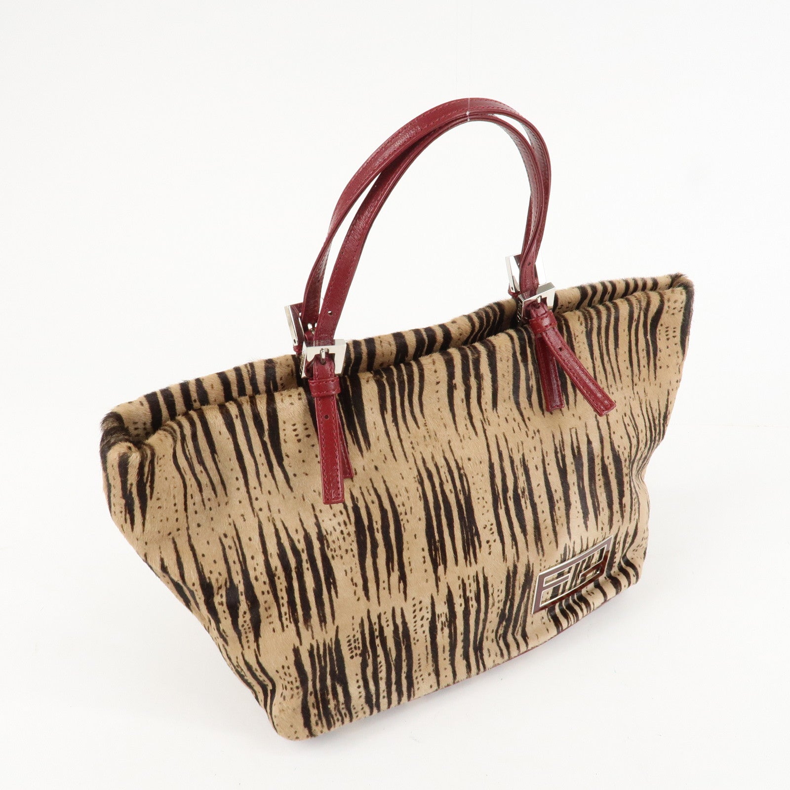 FENDI Leather Unborn Calf Tote Bag Hand Bag Zebra Brown Red Used