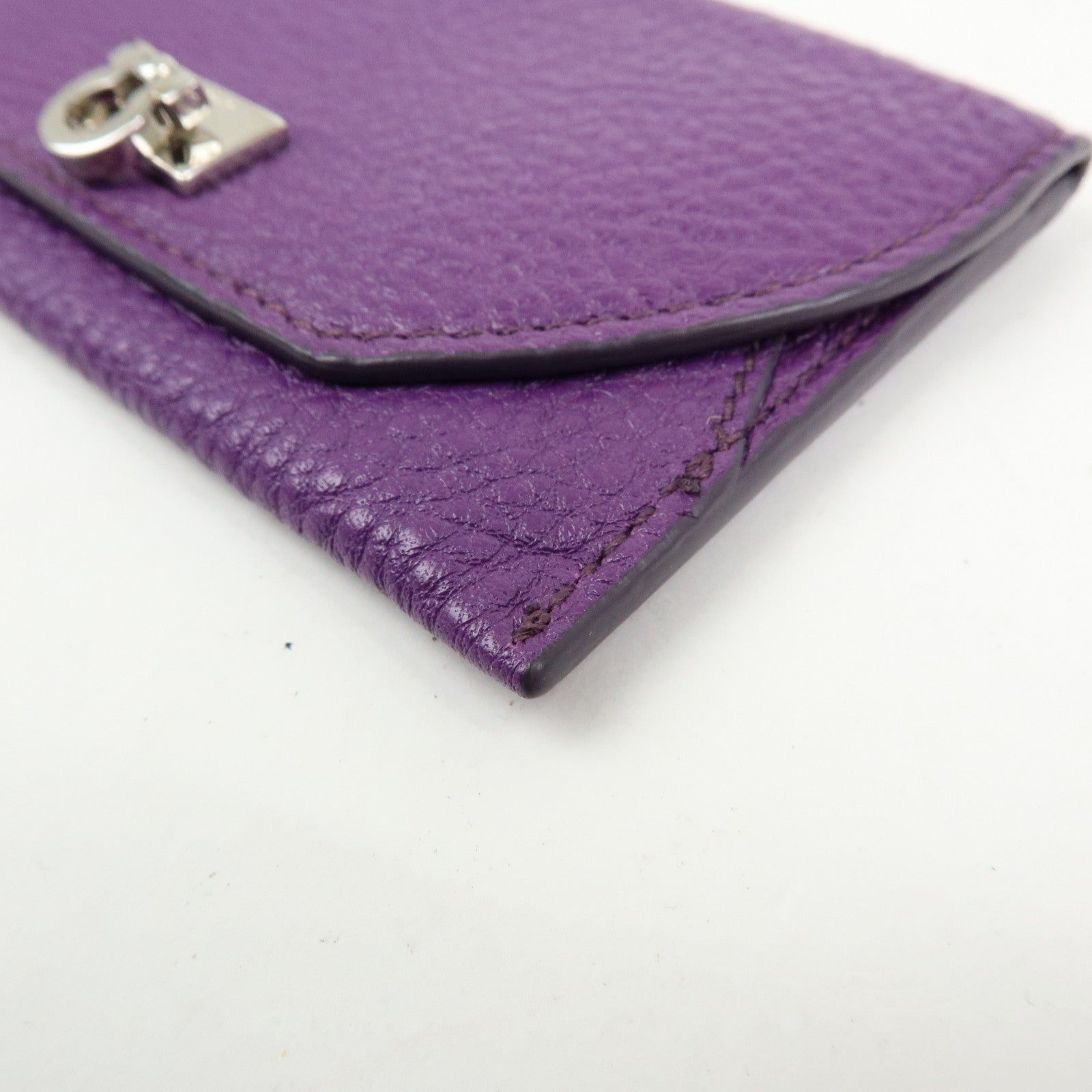 Ferragamo Gancini Leather Flap Button Card Case Purple Silver