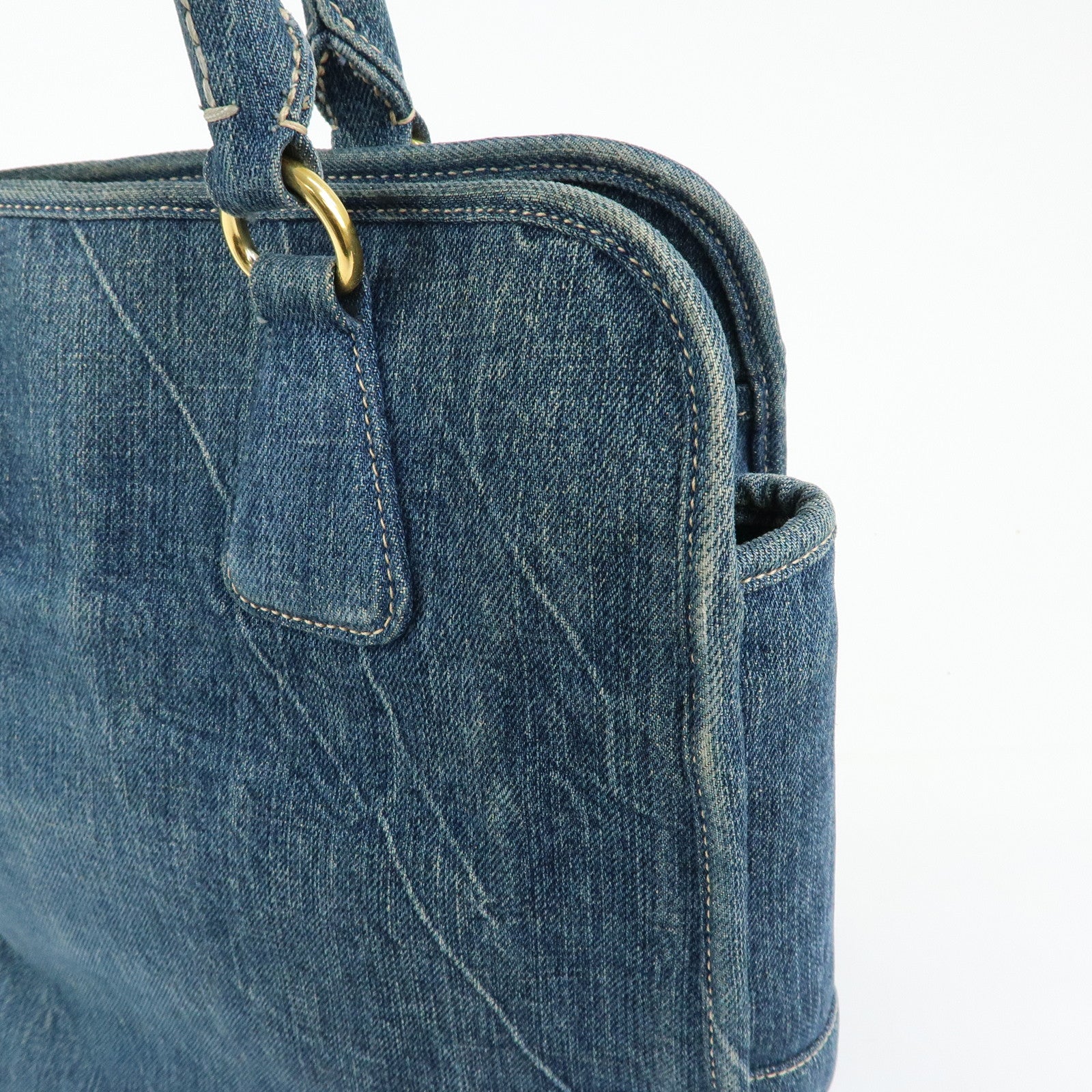 PRADA Triangle Logo Denim Tote Bag Hand Bag Blue BN2254