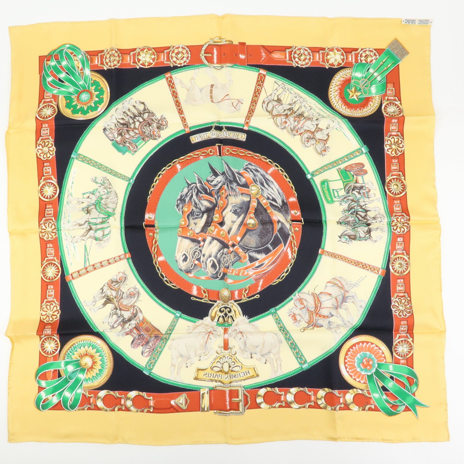 HERMES Carre 90 Silk 100% Scarf CHEVAUX DE TRAIT Black Beige