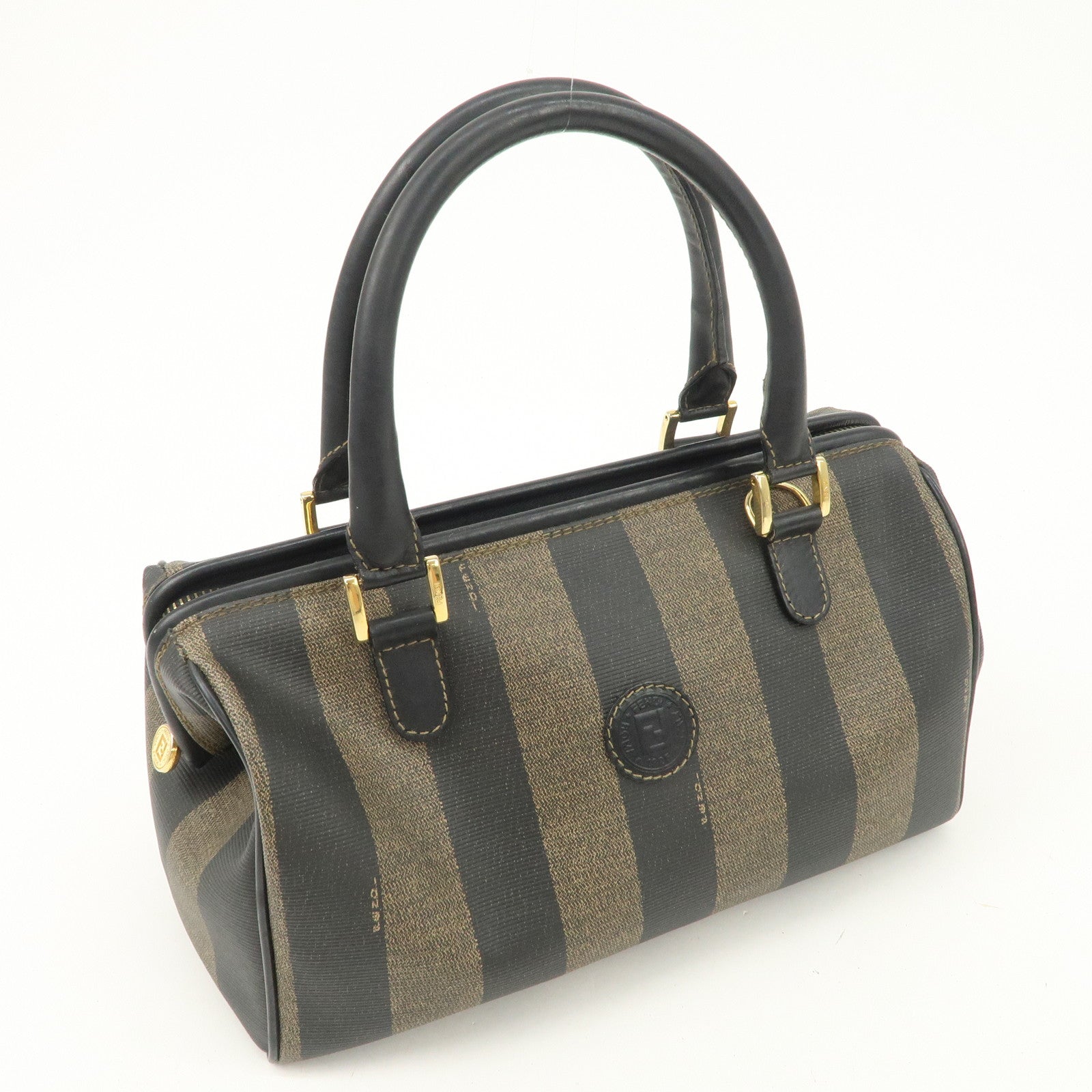 FENDI Pequin PVC Canvas Hand Bag Boston Bag Black Brown Used