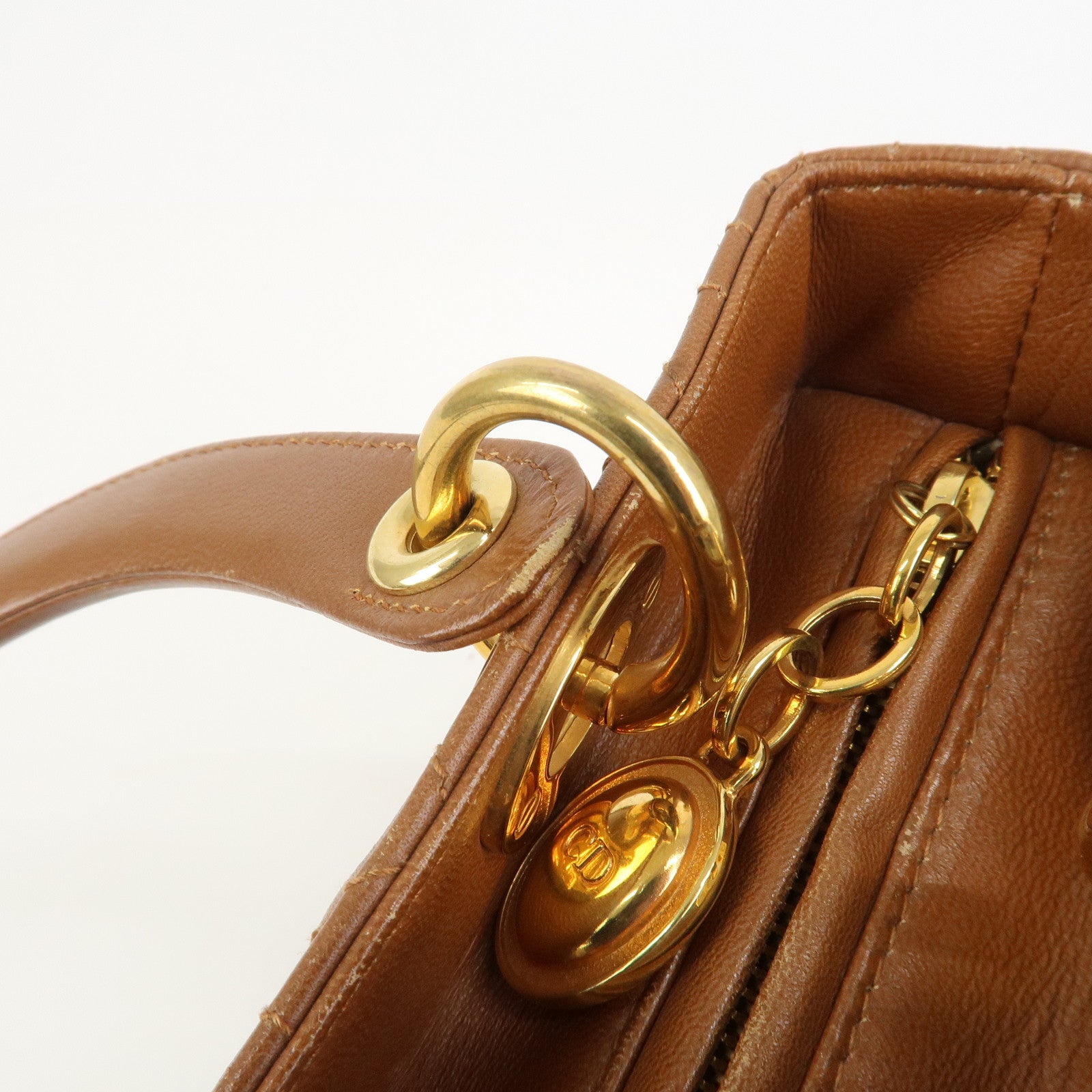 Christian Dior Canage Lady Dior Lamb Skin Hand Bag Tote Bag Brown