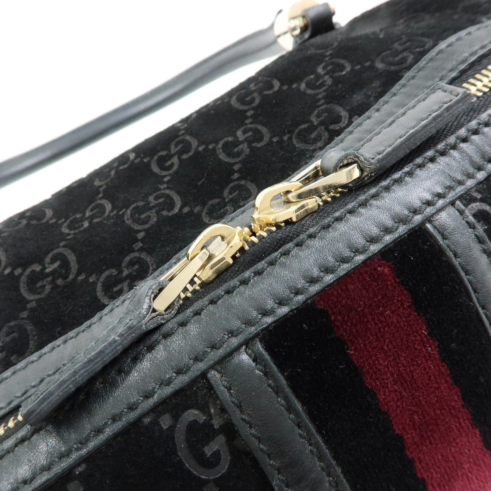 GUCCI GG Suede Leather Boston Bag Hand Bag Black Bordeaux 162739