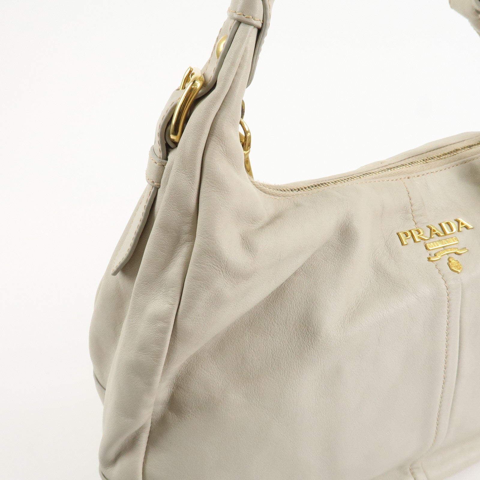 PRADA Logo Leather Shoulder Bag Hand Bag Ivory Gold Hardware Used