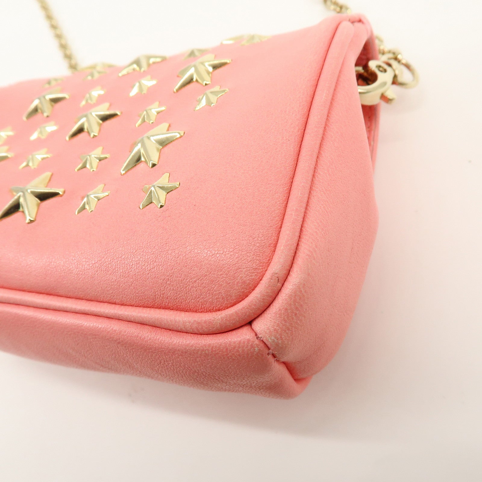 JIMMY CHOO Studs Leather Chain Shoulder Bag Crossbody Bag Pink