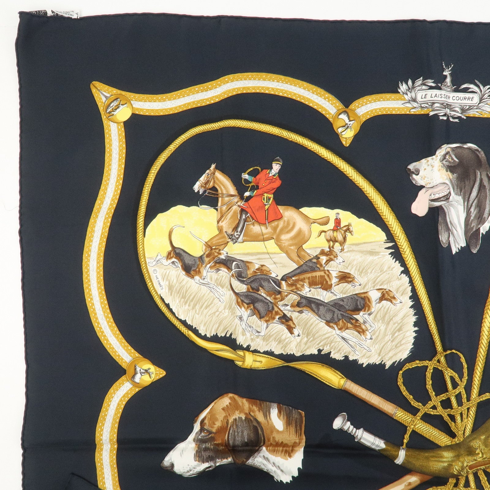 HERMES Carre 90 Silk 100% Scarf LE LAISSER COURRE Black