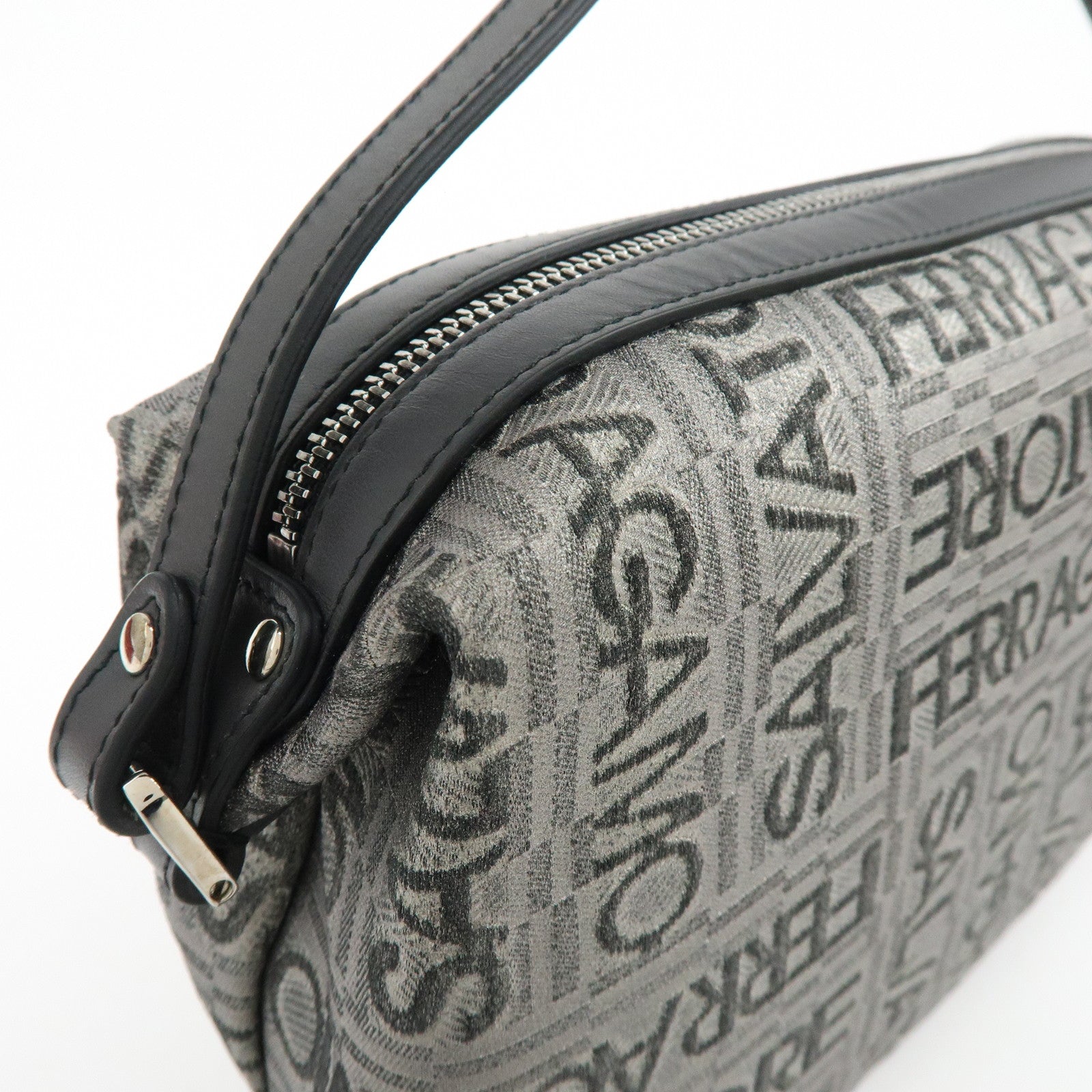 Ferragamo Gancini Logo Canvas Leather Hand Bag Pouch Silver Black
