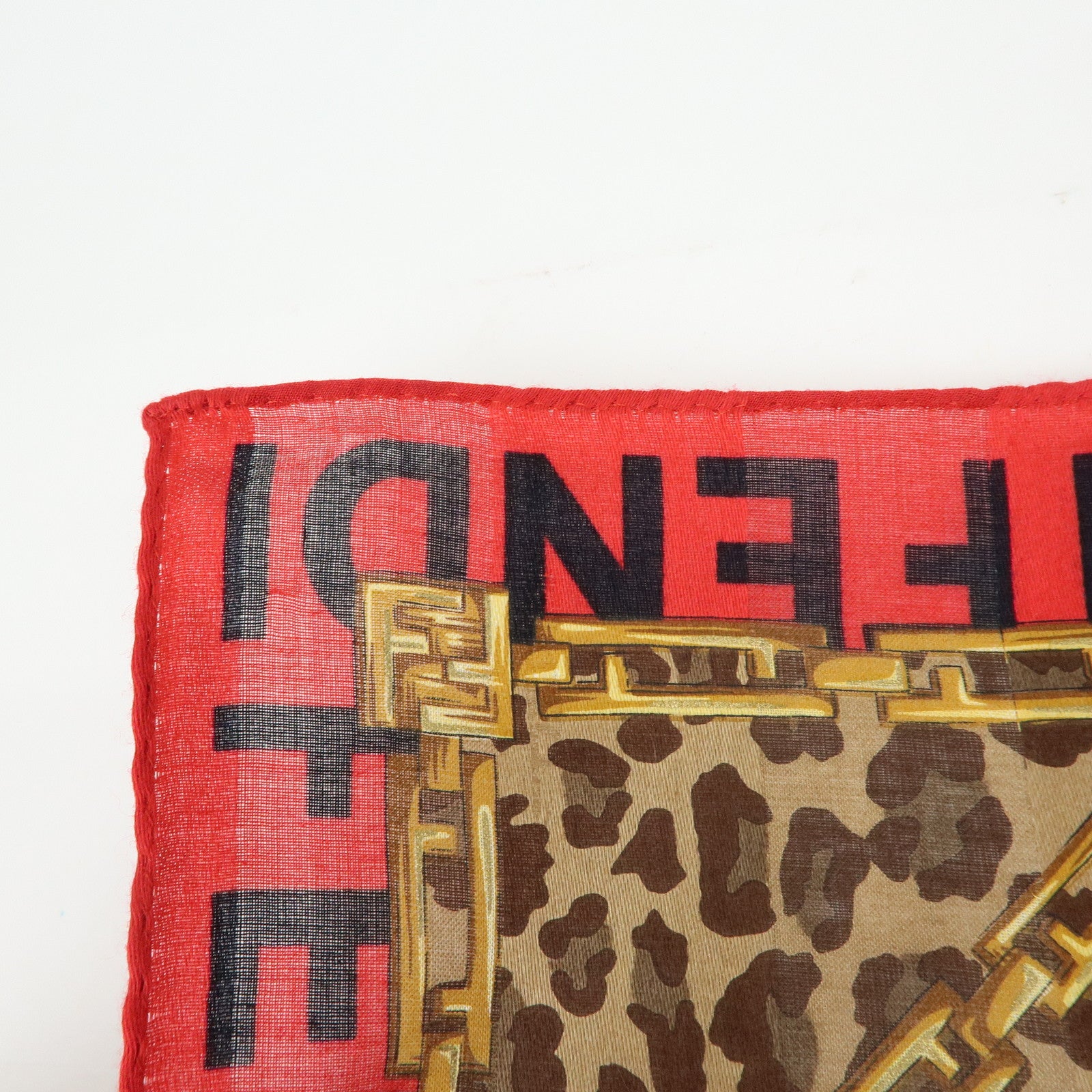 FENDI Cotton Scarf 57x57 Leopard Chain Motif Brown Red