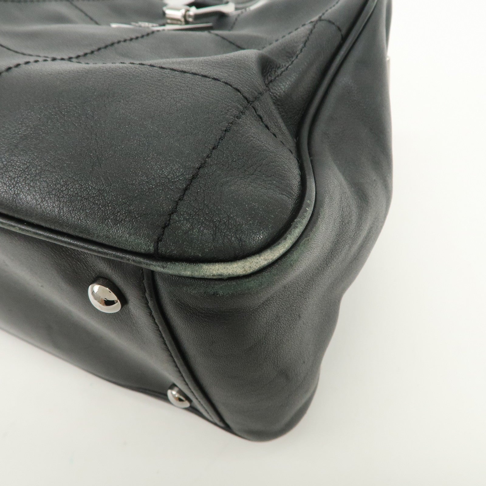 CHANEL Chocolate Bar Lamb Skin Mini Boston Bag Hand Bag Black