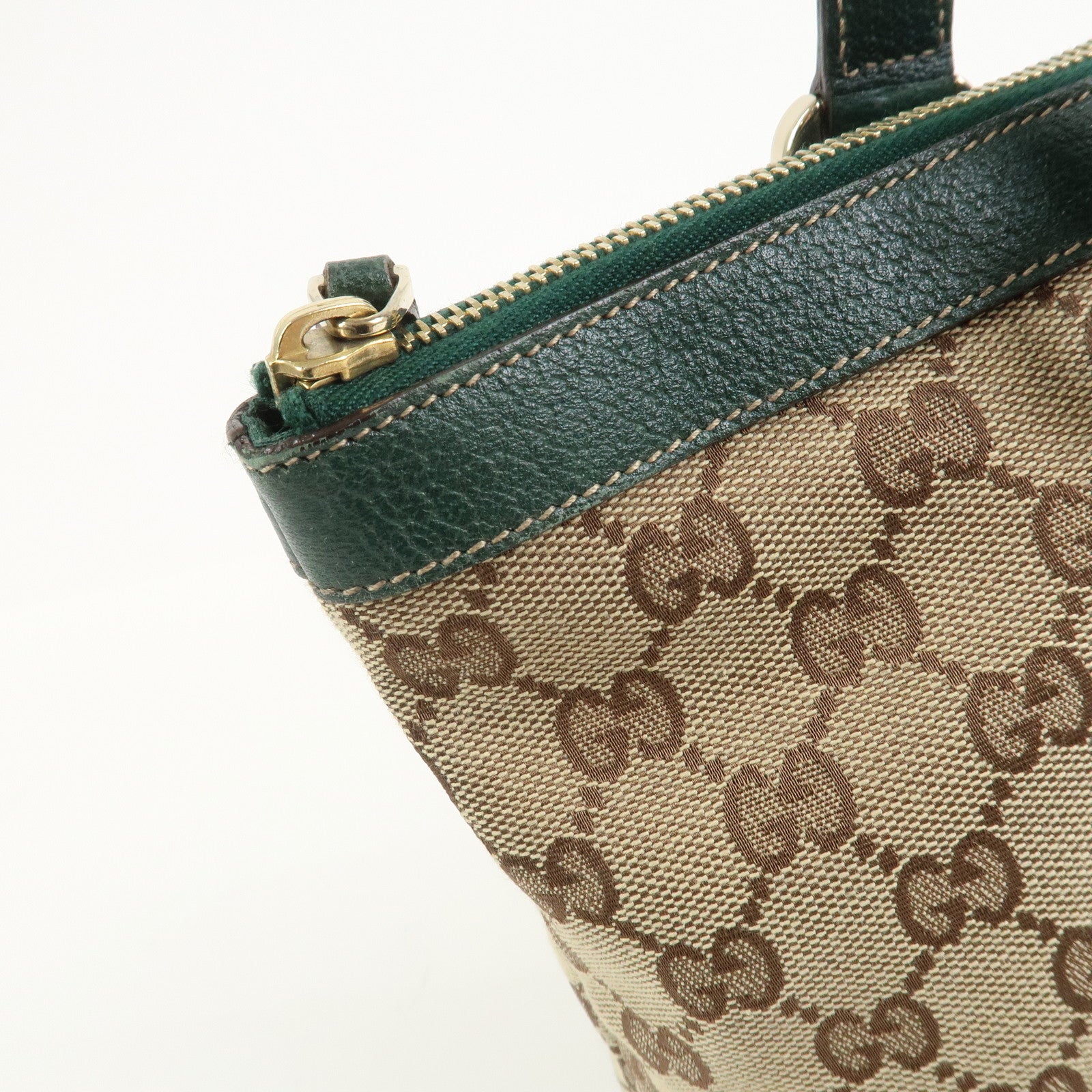 GUCCI Abbey GG Canvas Leather Tote Bag Beige Dark Green 141470