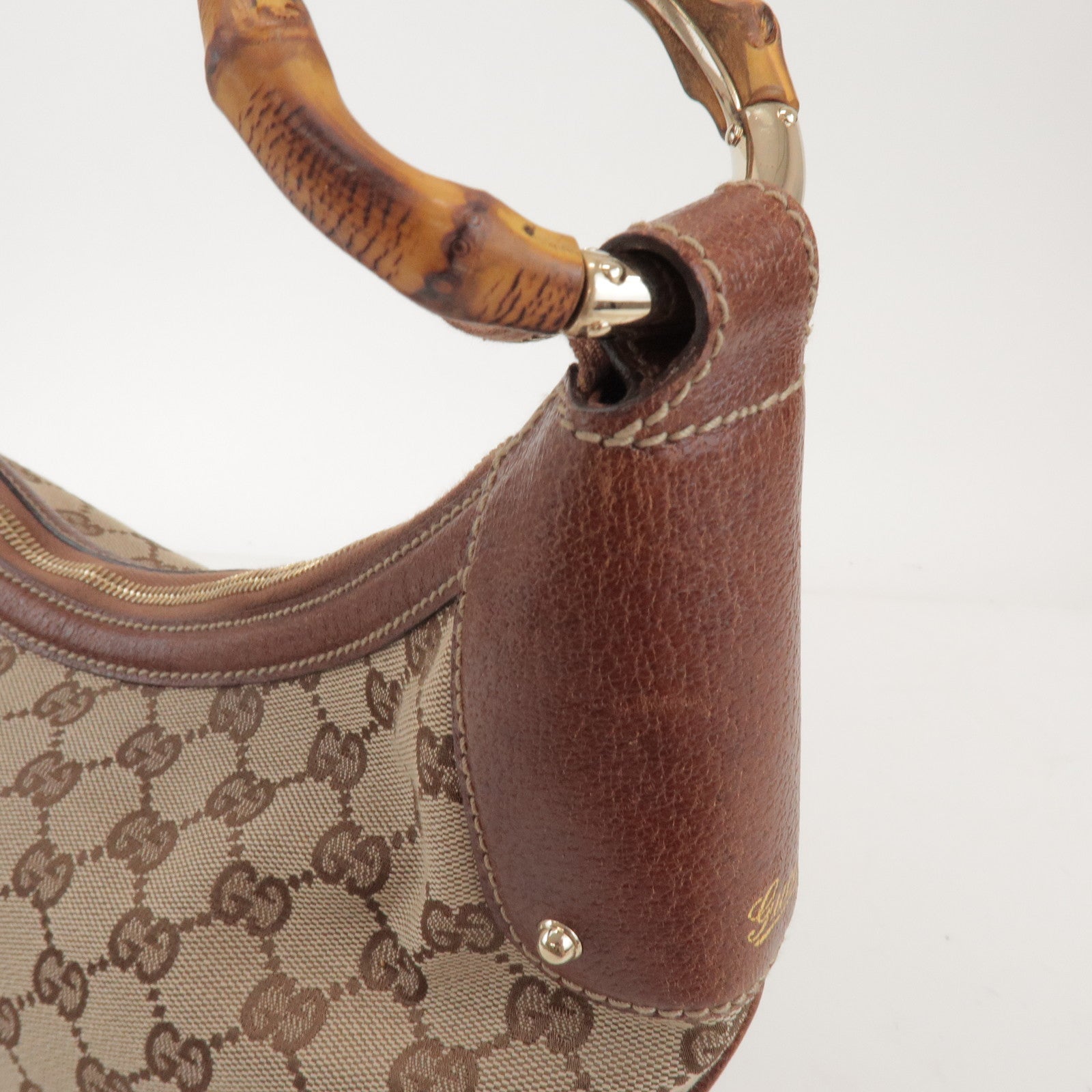 GUCCI Bamboo GG Canvas Leather Shoulder Bag Beige Brown 137577