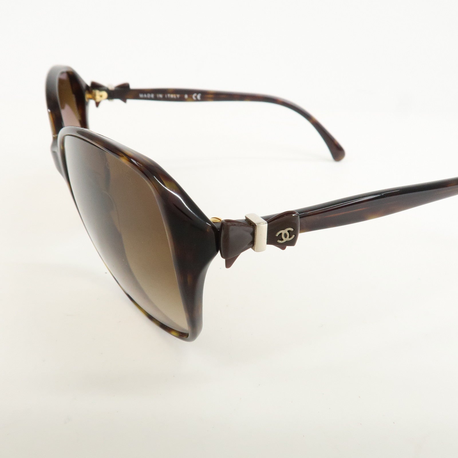 CHANEL Plastic Coco Mark Sunglasses Brown Ribbon Used