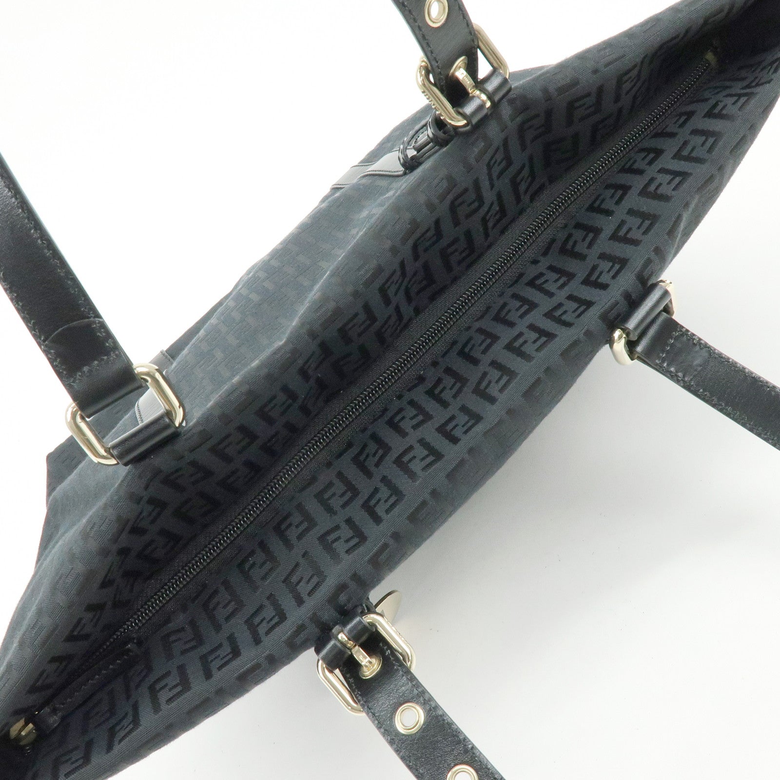 FENDI Zucchino Canvas Leather Tote Bag Shoulder Bag Black 8BH215