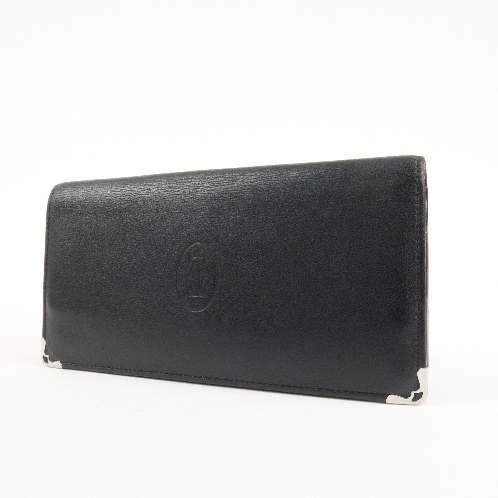 Cartier Leather Bi-fold Long Wallet Silver HDW Black Bordeaux Used