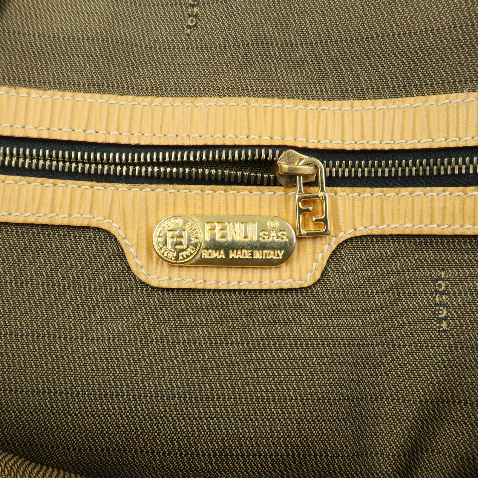 FENDI Pequin Canvas Leather 2Way Bag Hand Bag Shoulder Bag Brown