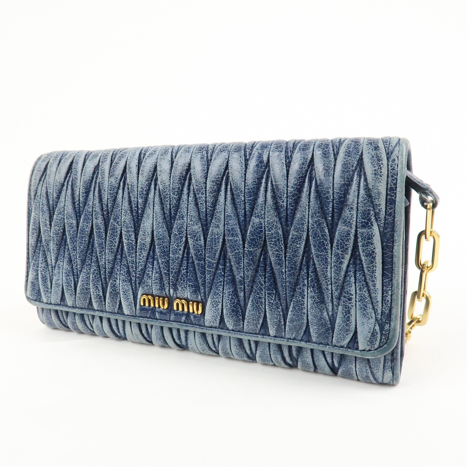 MIU MIU Matelasse Logo Leather Chain Shoulder Wallet Blue 5M1290