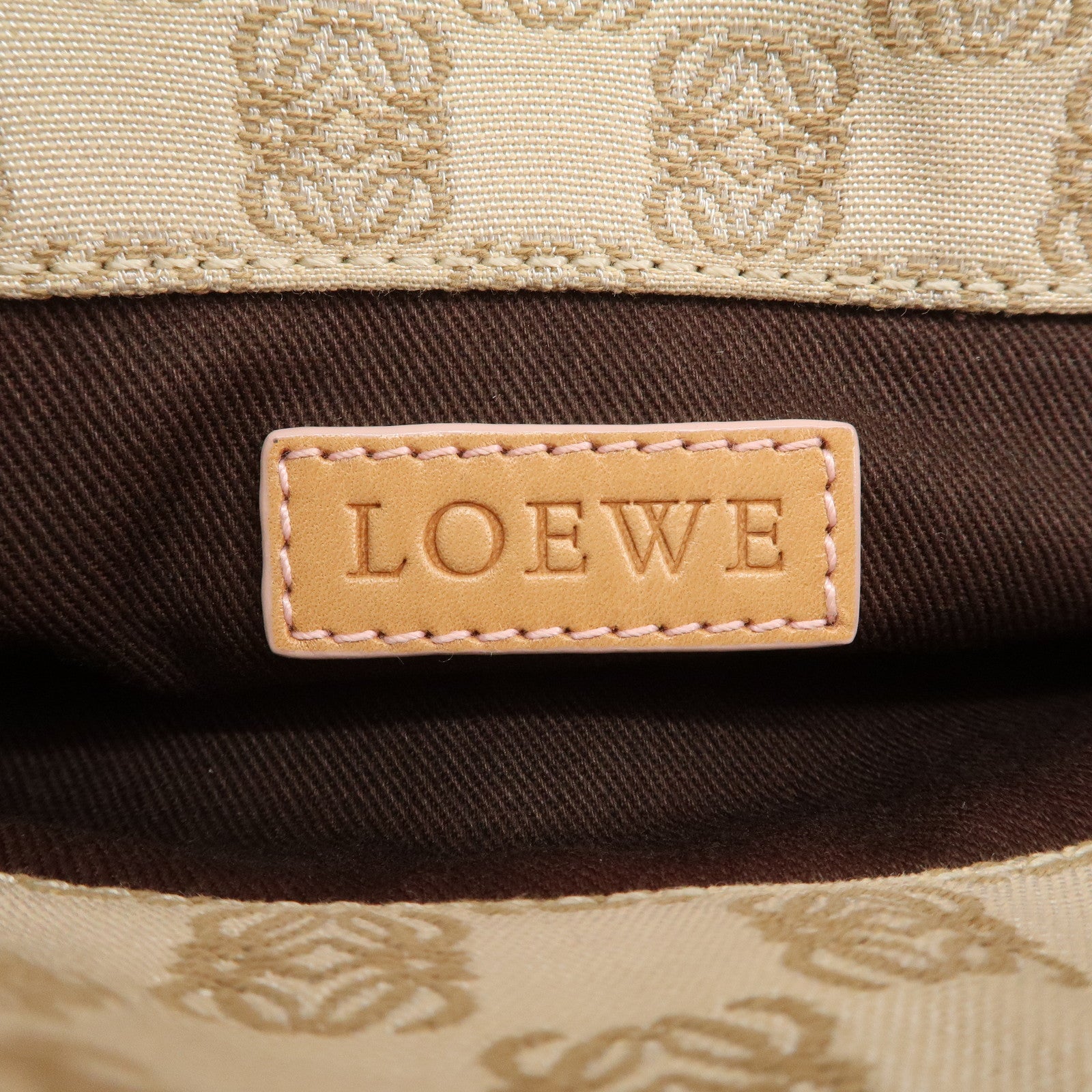 LOEWE Repeat Anagram Leather Canvas Chain Shoulder Bag Beige Brown Used