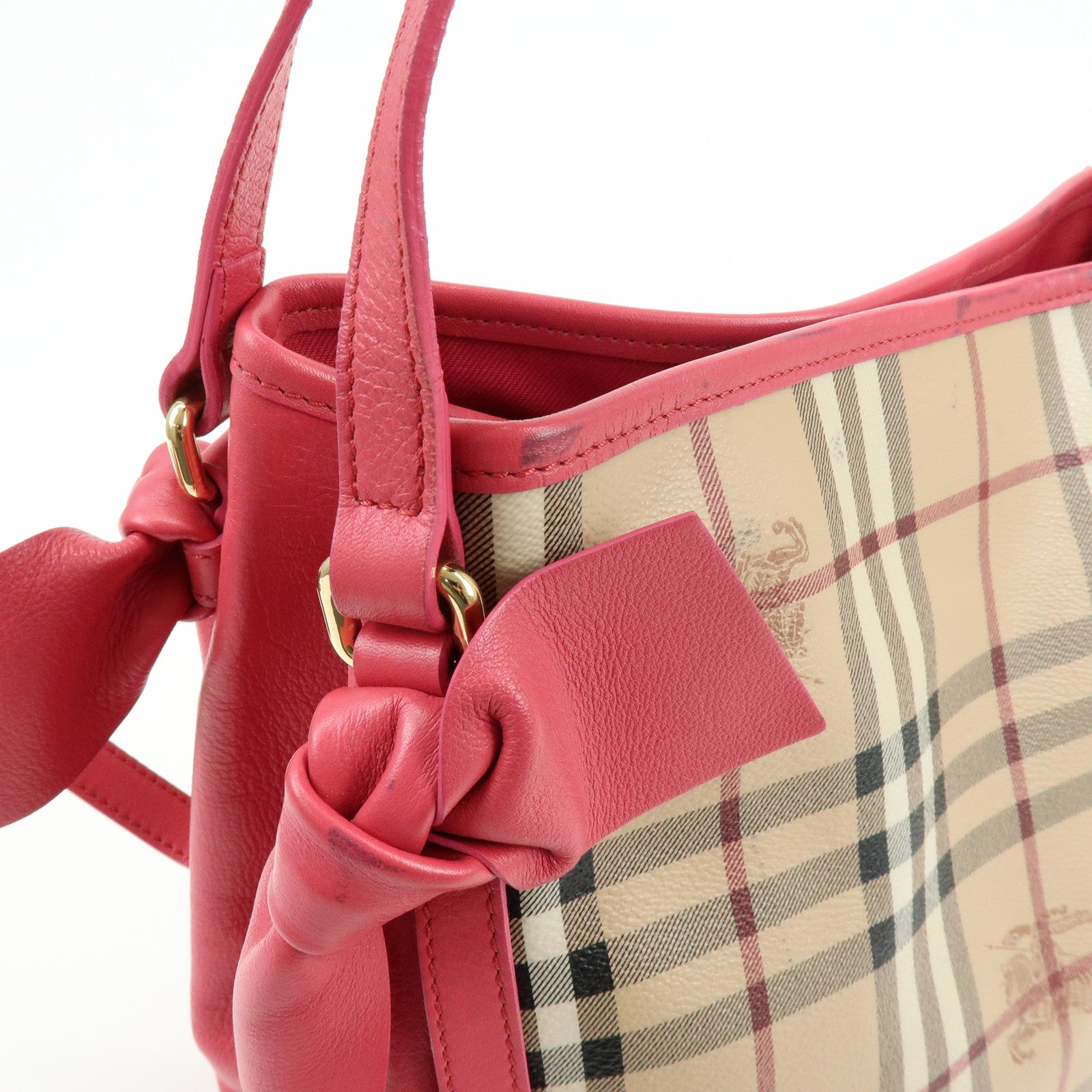 BURBERRY Side Ribbon PVC Leather Hand Bag Nova Plaid Brown Pink