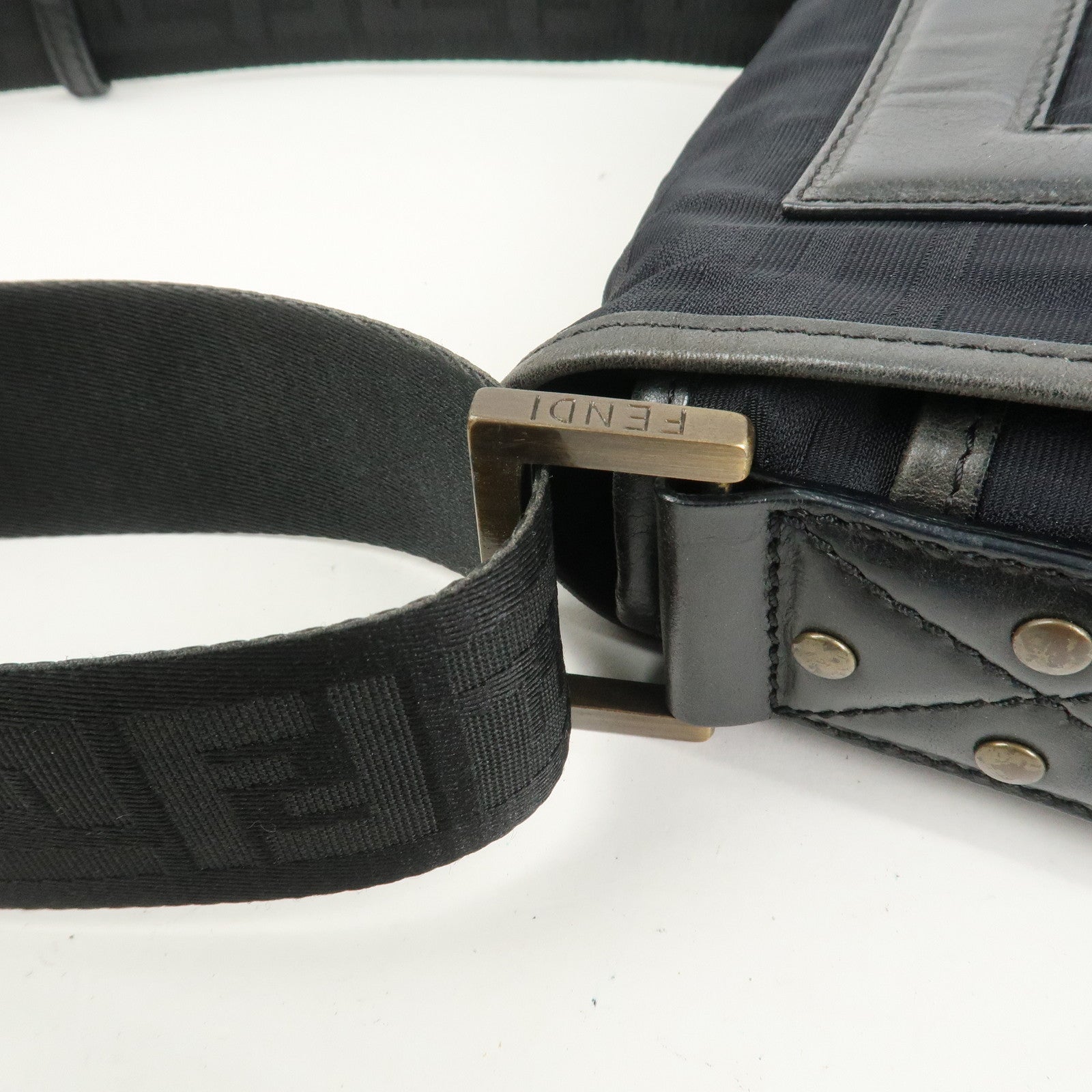 FENDI Zucca Canvas Leather Shoulder Bag Crossbody Bag Black7VA155