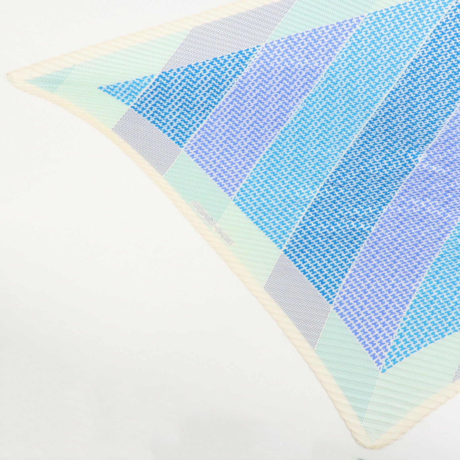 HERMES Pleated Carré Scarf Silk 100% H Logo Blue