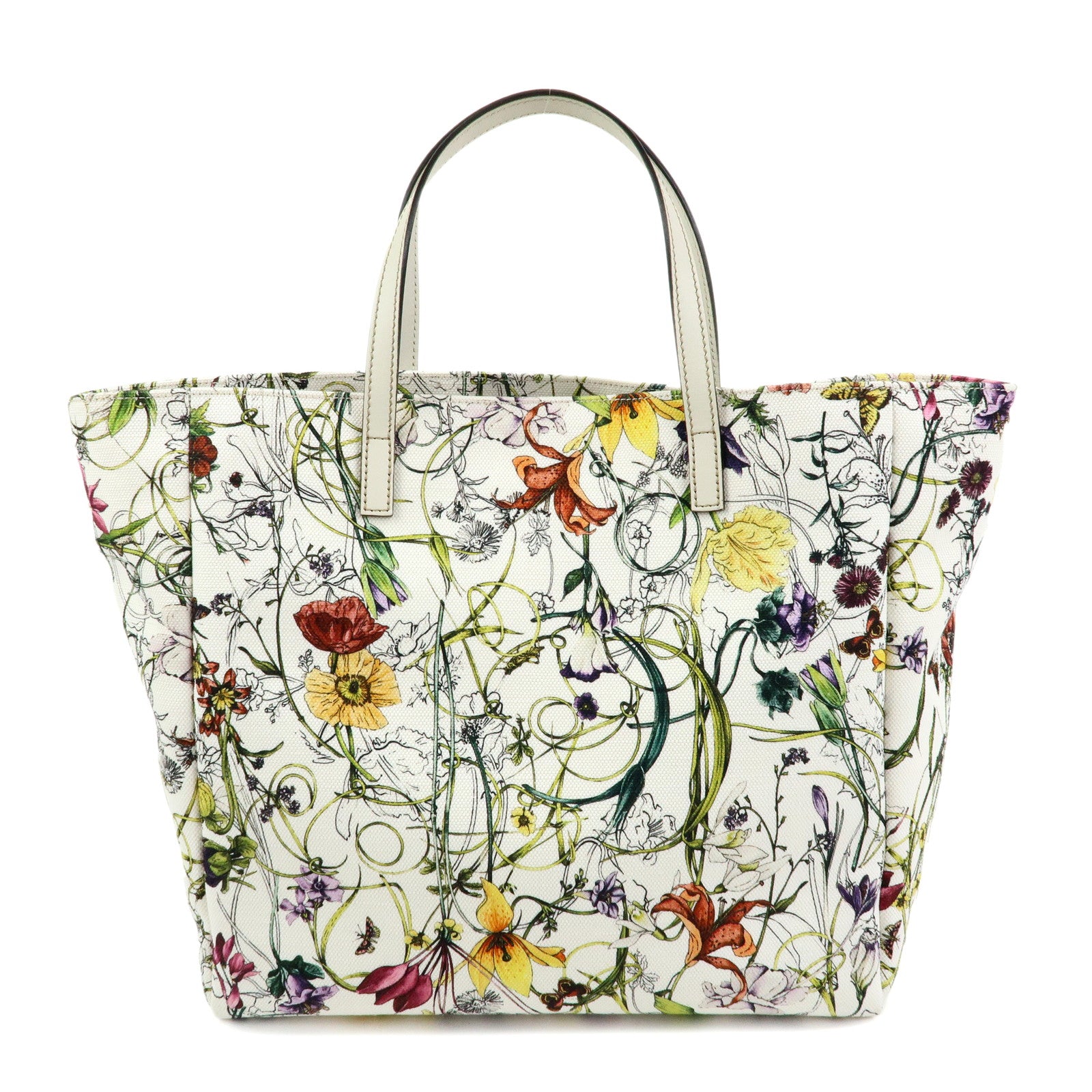 GUCCI Flora Canvas Leather Flower Tote Bag Hand Bag White 282439