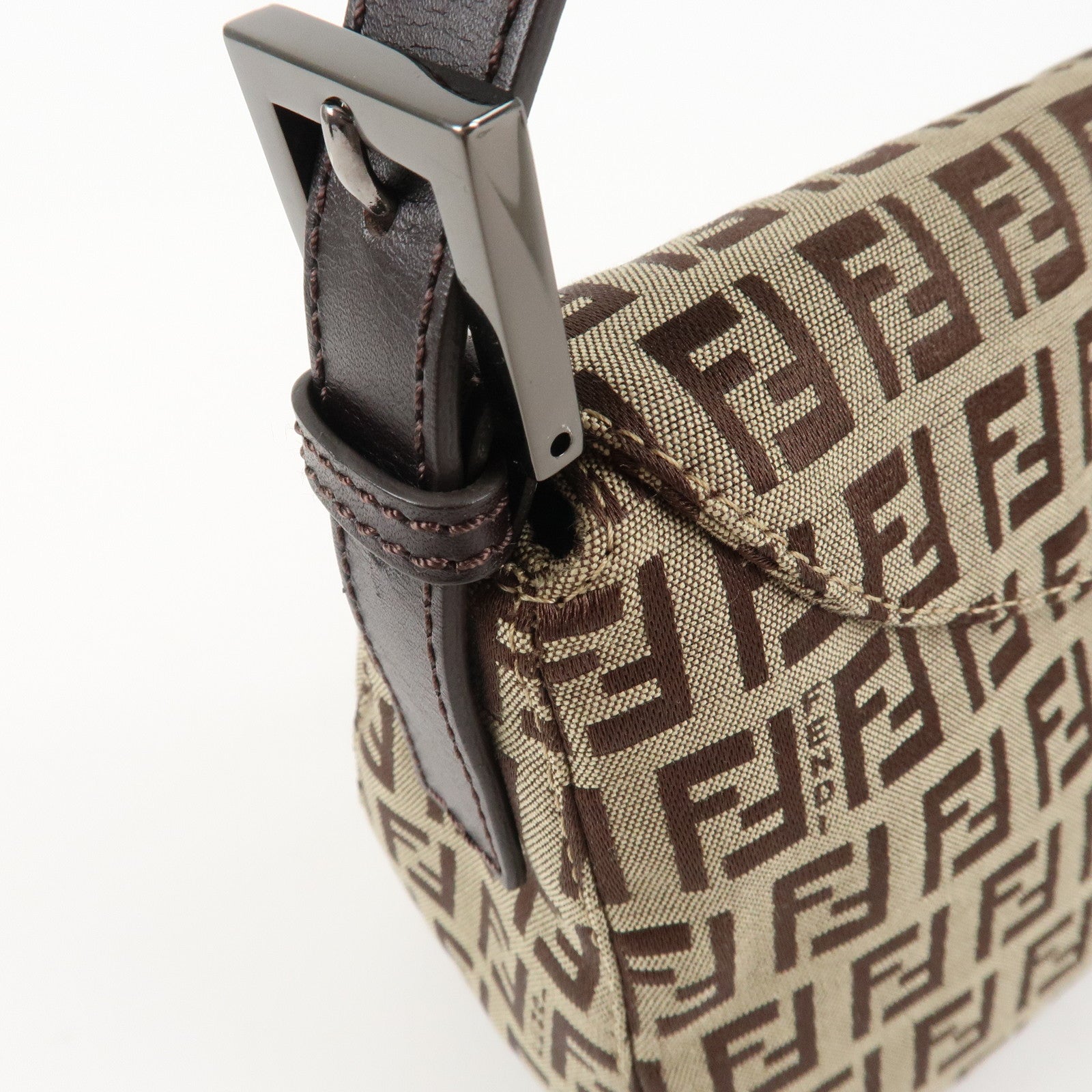 FENDI Mamma Baguette Zucchino Canvas Leather Hand Bag Brown 8BR003 Used