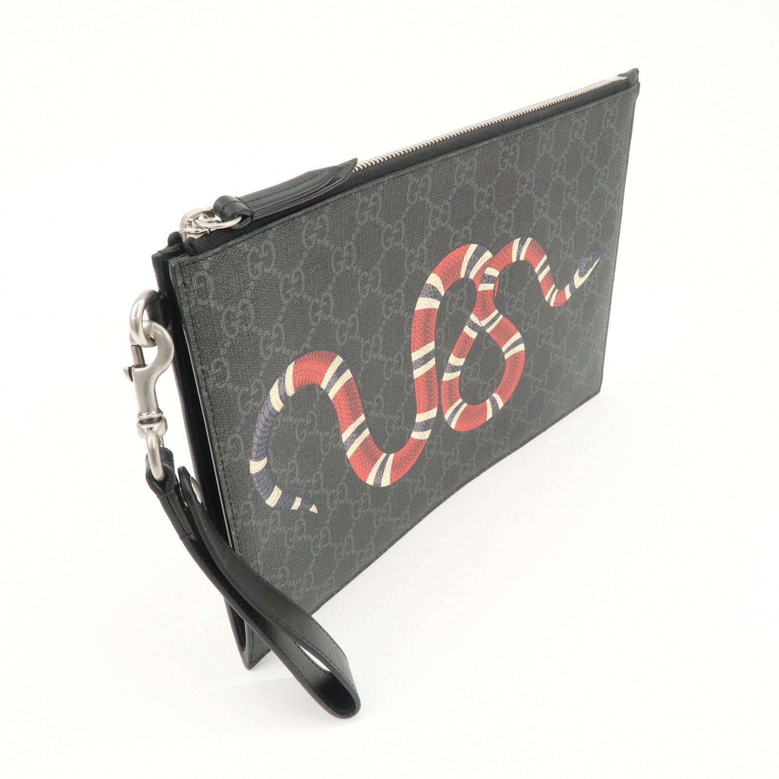 GUCCI Leather GG Supreme King Snake Clutch Bag Black Gray 473904 Used