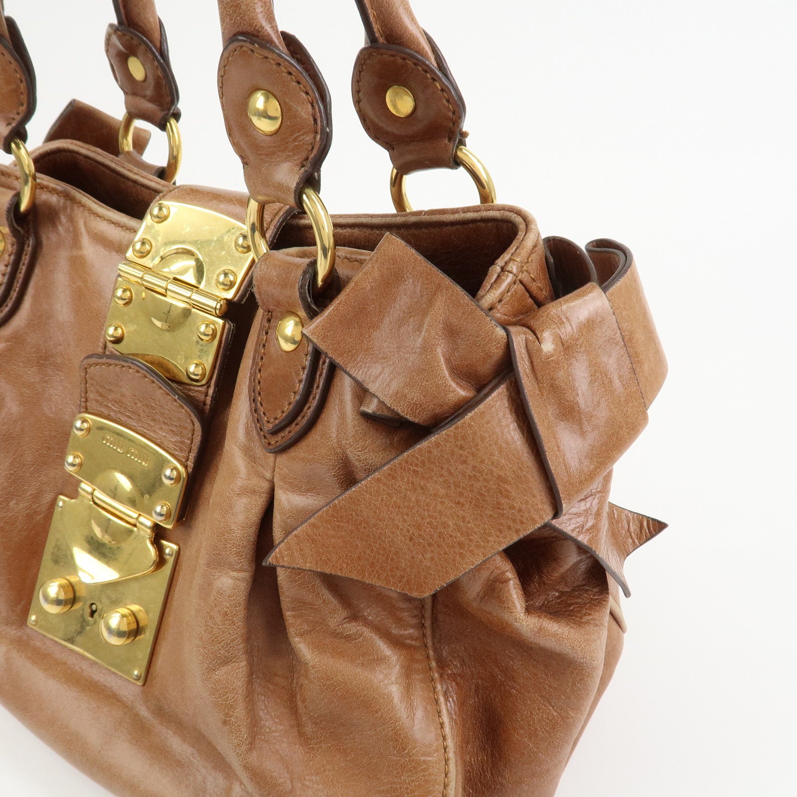 MIU MIU Side Ribbon Leather 2Way Shoulder Hand Bag Brown RN0686