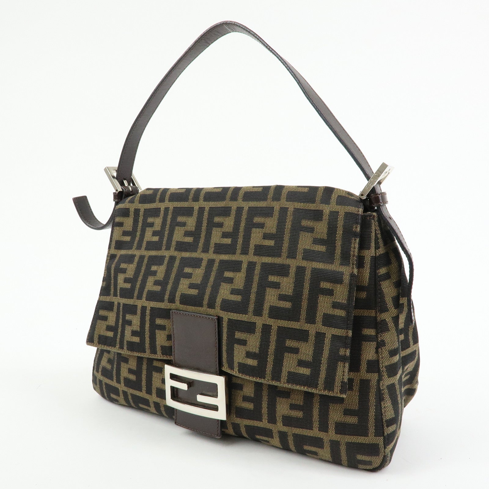 FENDI Mamma Baguette Zucca Canvas Leather Shoulder Bag Brown 26325