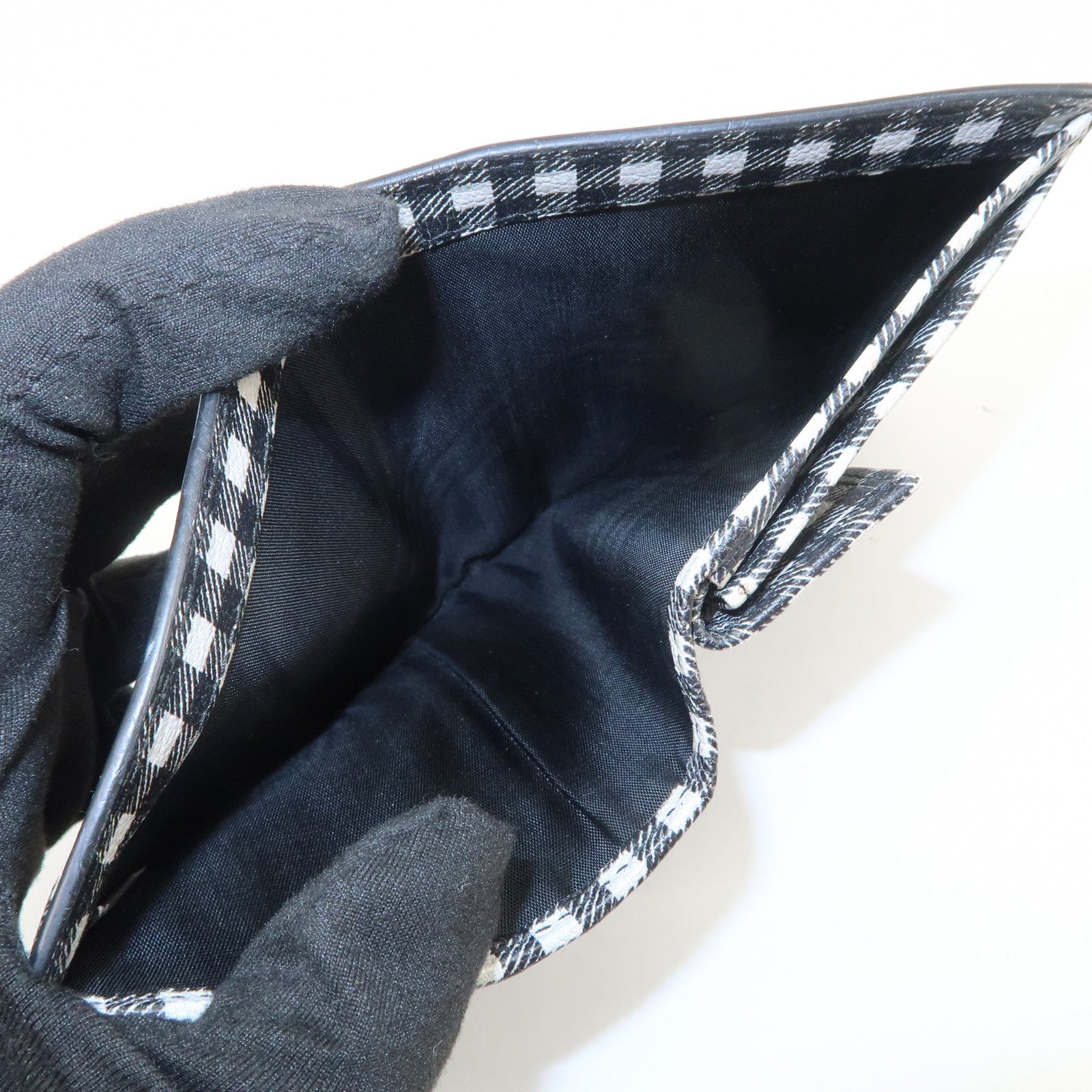 MIU MIU Plaid Leather Compact Bi-fold Wallet Black Ivory 5MV204