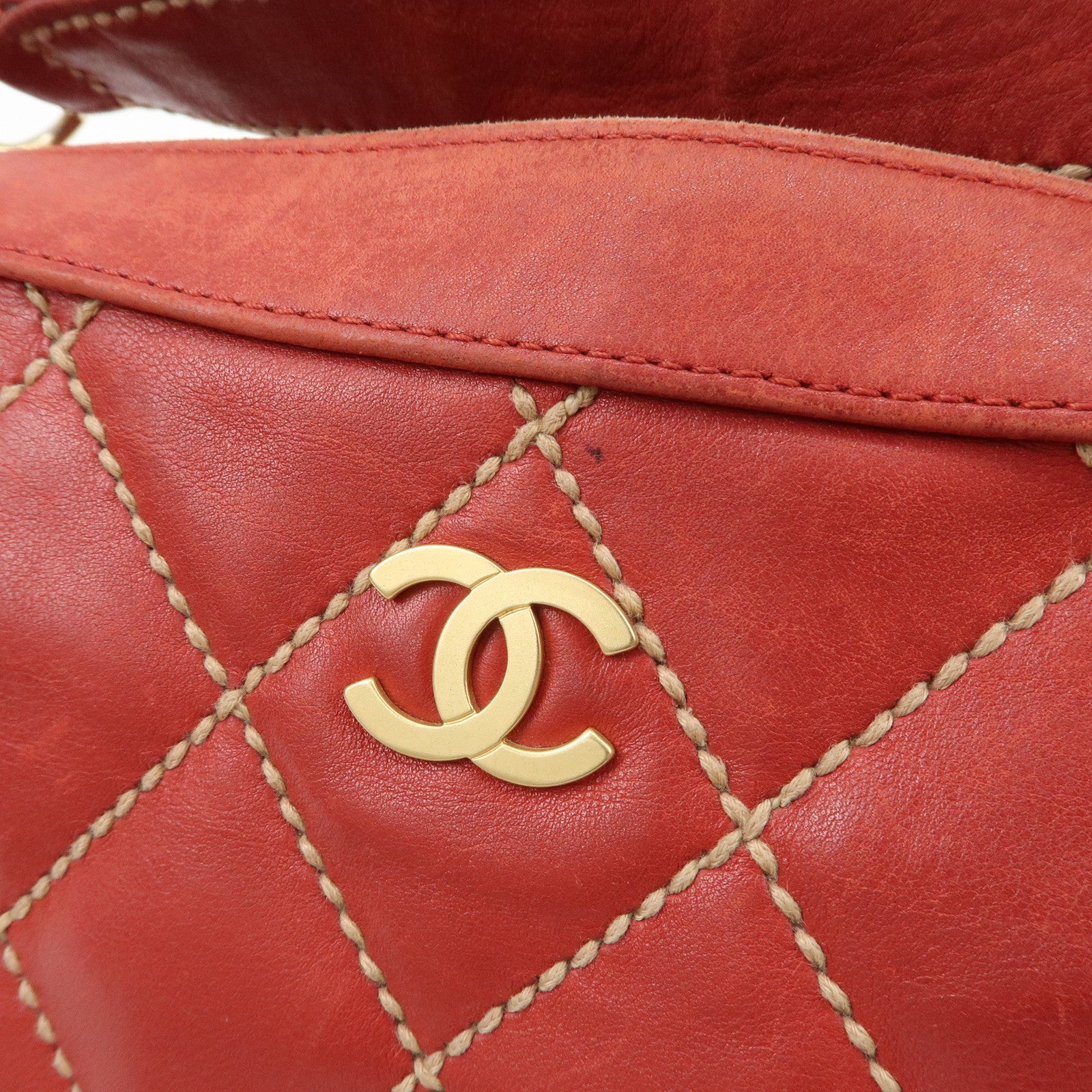 CHANEL COCO Mark Wild Stitch Lamb Skin Leather Hand Bag Red