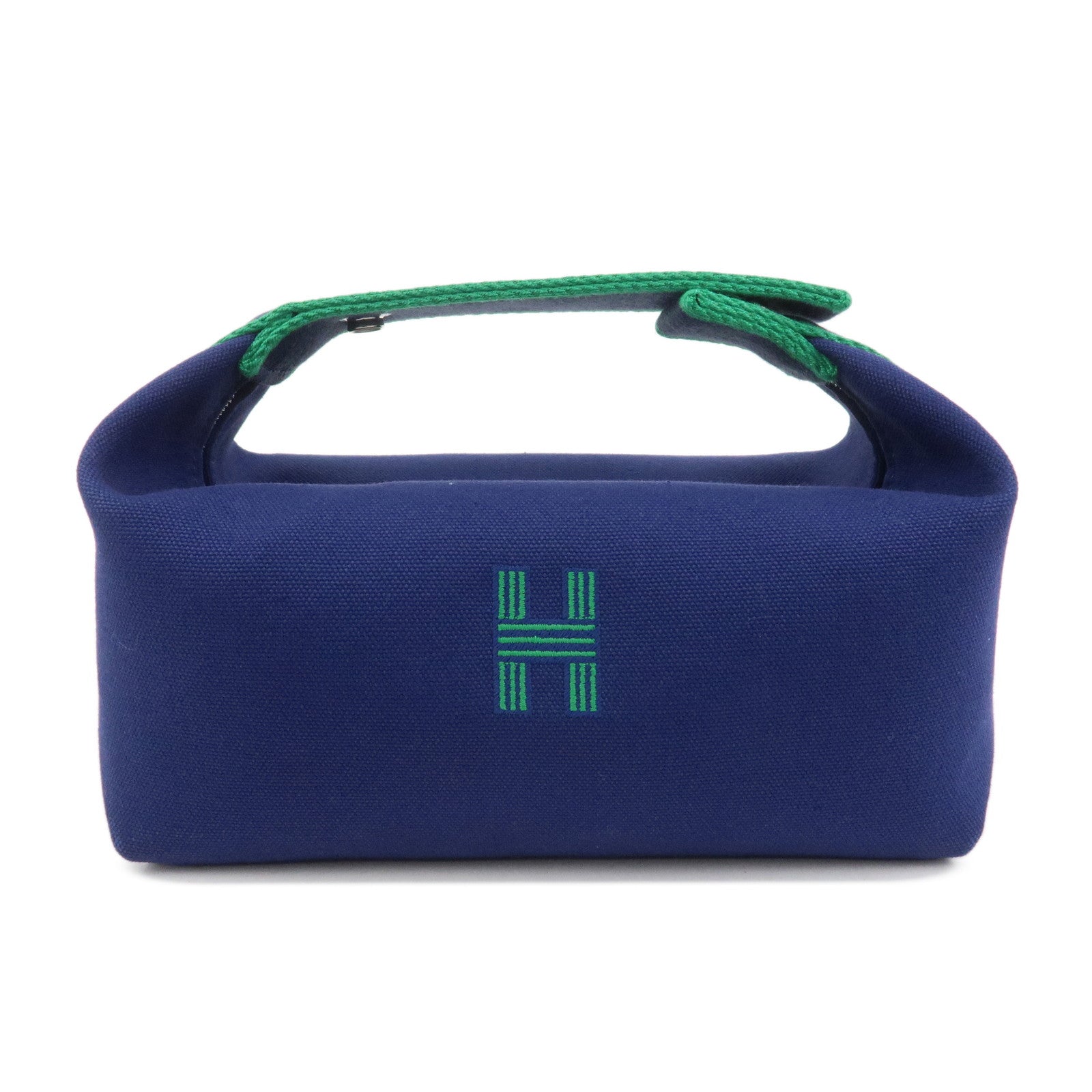 HERMES Bride A Brac PM Canvas Leather Hand Bag Pouch Navy Green