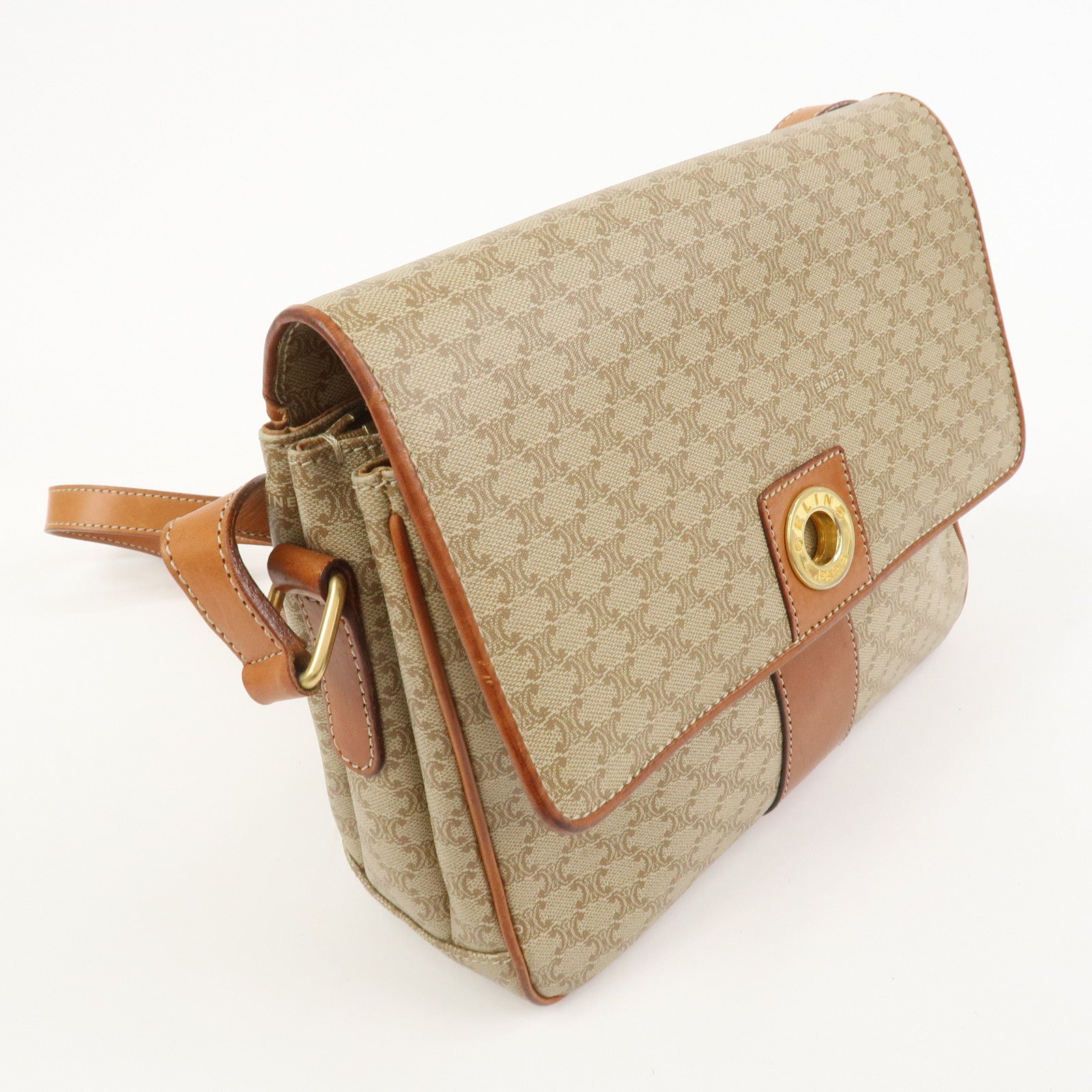 CELINE Macadam PVC Leather Shoulder Bag Crossbody Bag Beige Brown