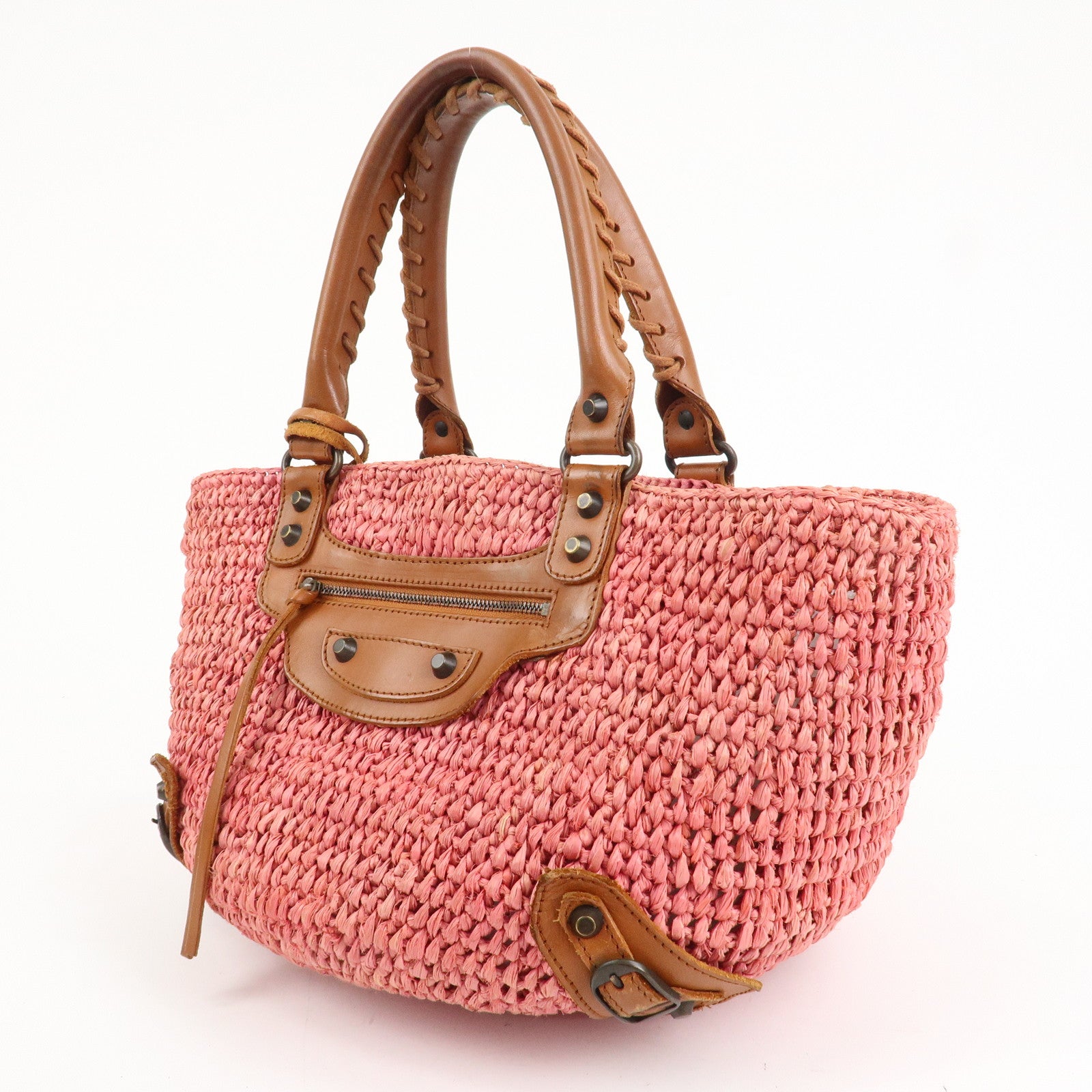 BALENCIAGA Straw Tote Bag Shoulder Bag Brown Pink 236741 Used