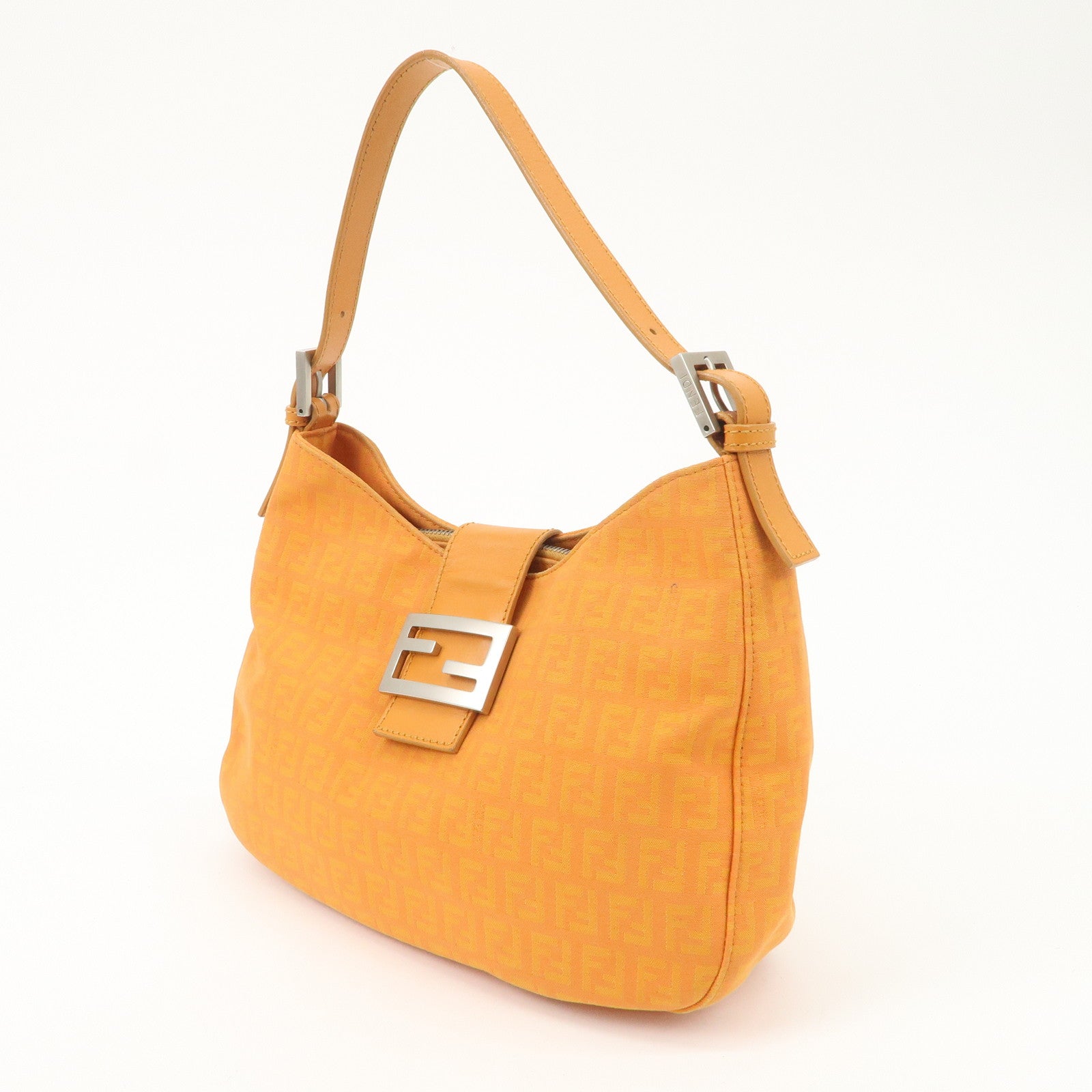 FENDI Zucchino Canvas Leather Shoulder Bag Hand Bag Orange 8BR036 Used