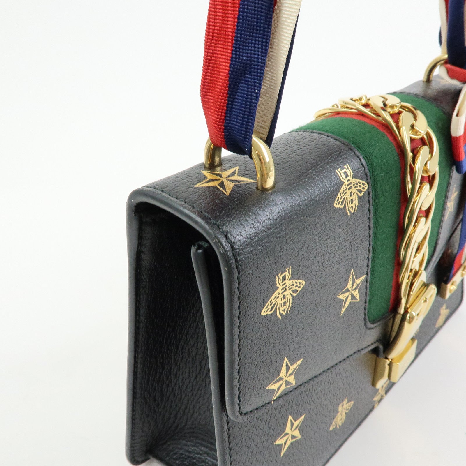 GUCCI Sylvie Sherry Leather Shoulder Bag Black Bee & Star 524405