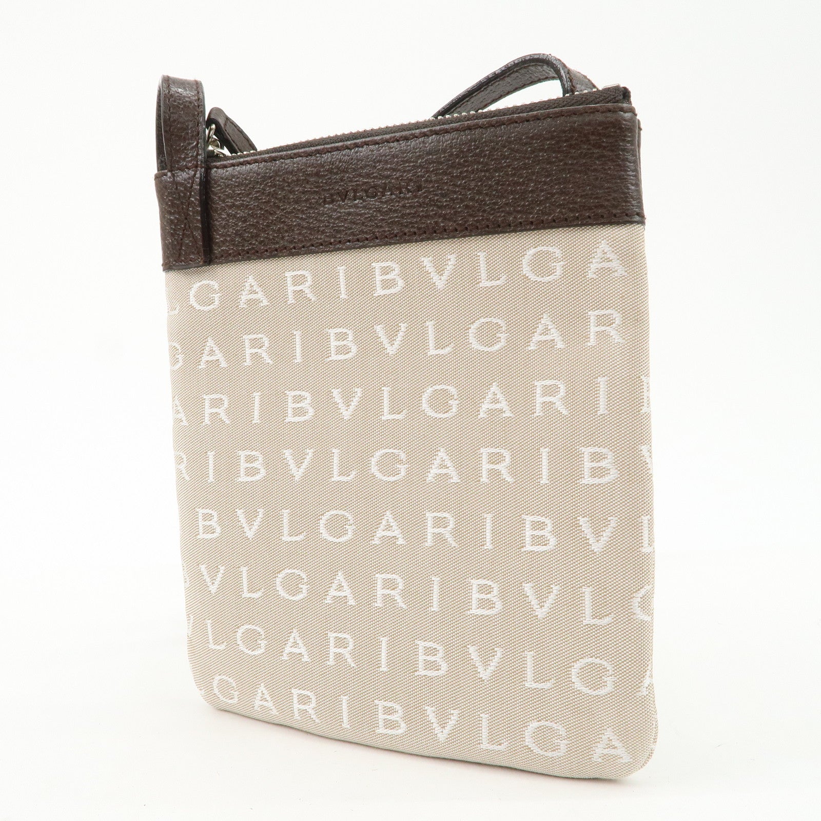 BVLGARI Logo Mania Canvas Leather Shoulder Bag Beige Dark Brown