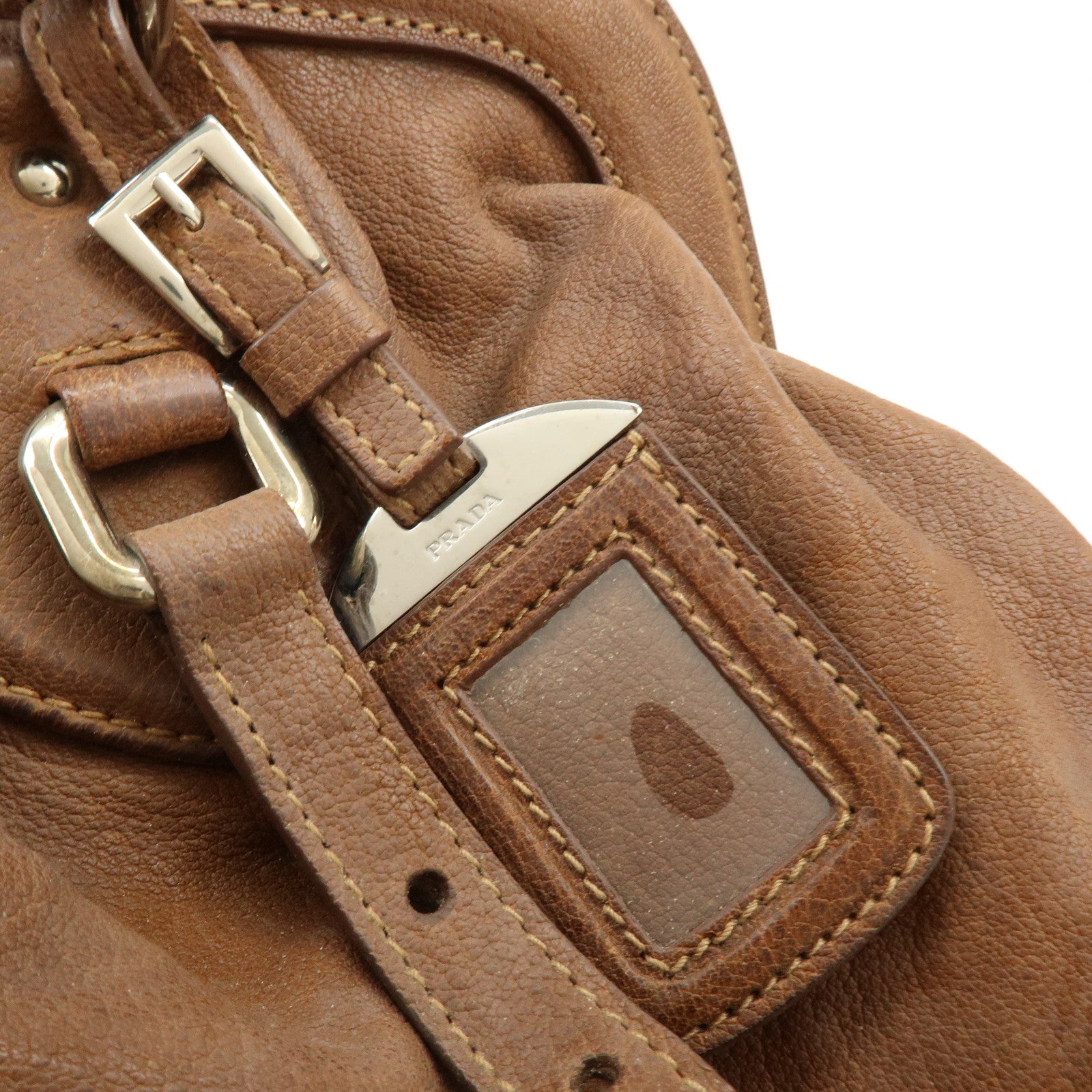 PRADA Triangle Logo Leather Boston Bag Hand Bag Doctor Bag Brown