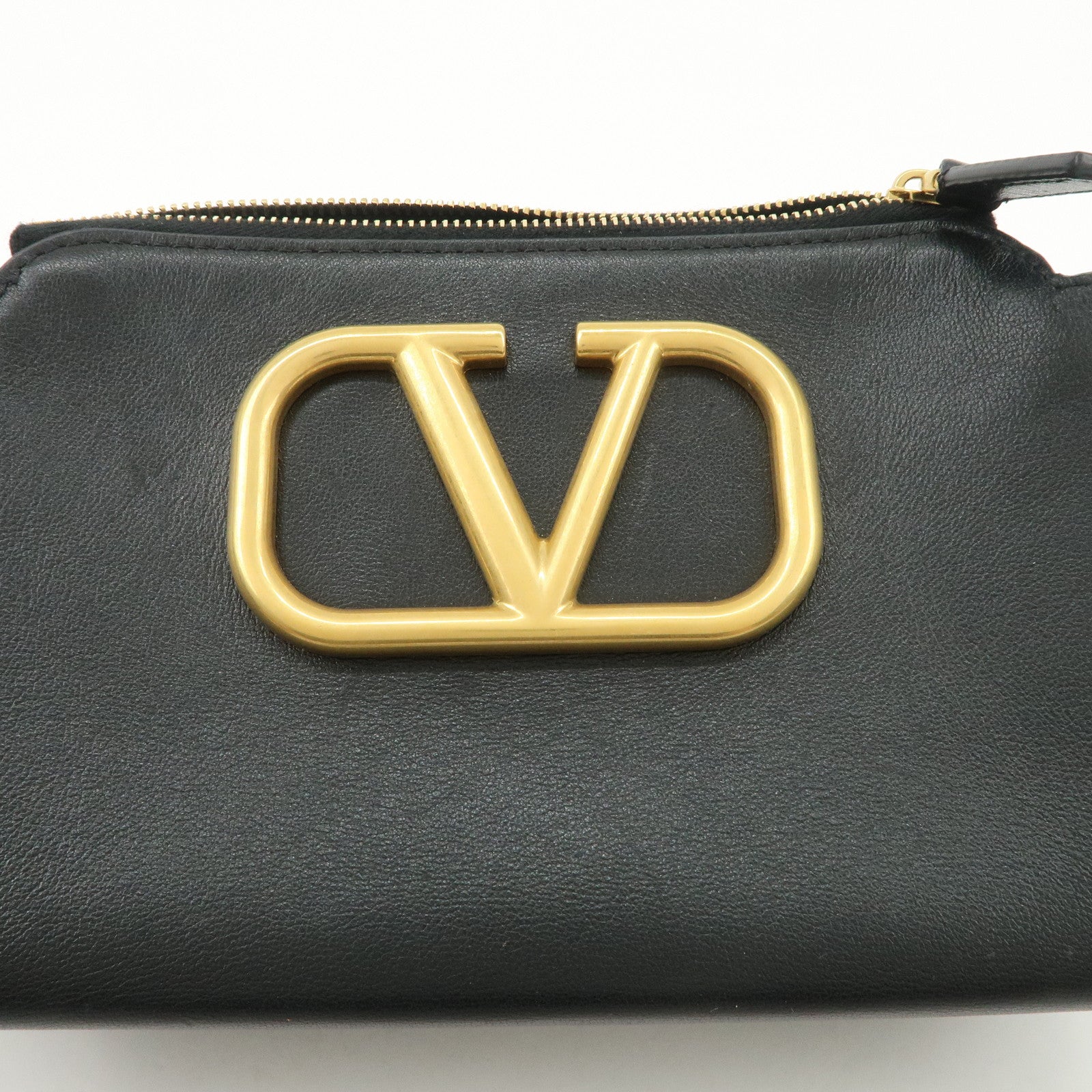 VALENTINO Leather Pouch Clutch Bag Black Gold Hardware