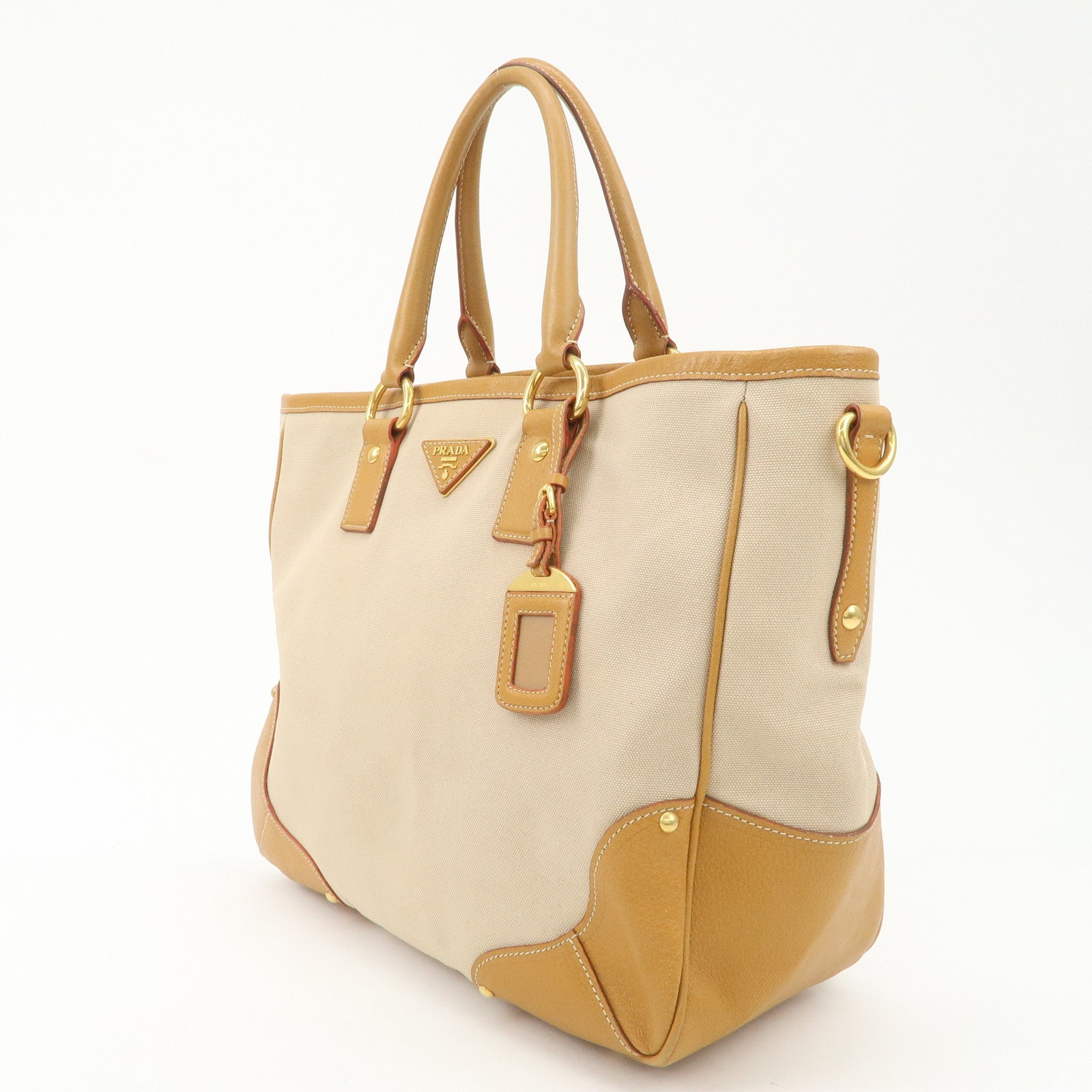 PRADA Triangle Logo Leather Canvas 2 Way Tote Bag Beige Brown