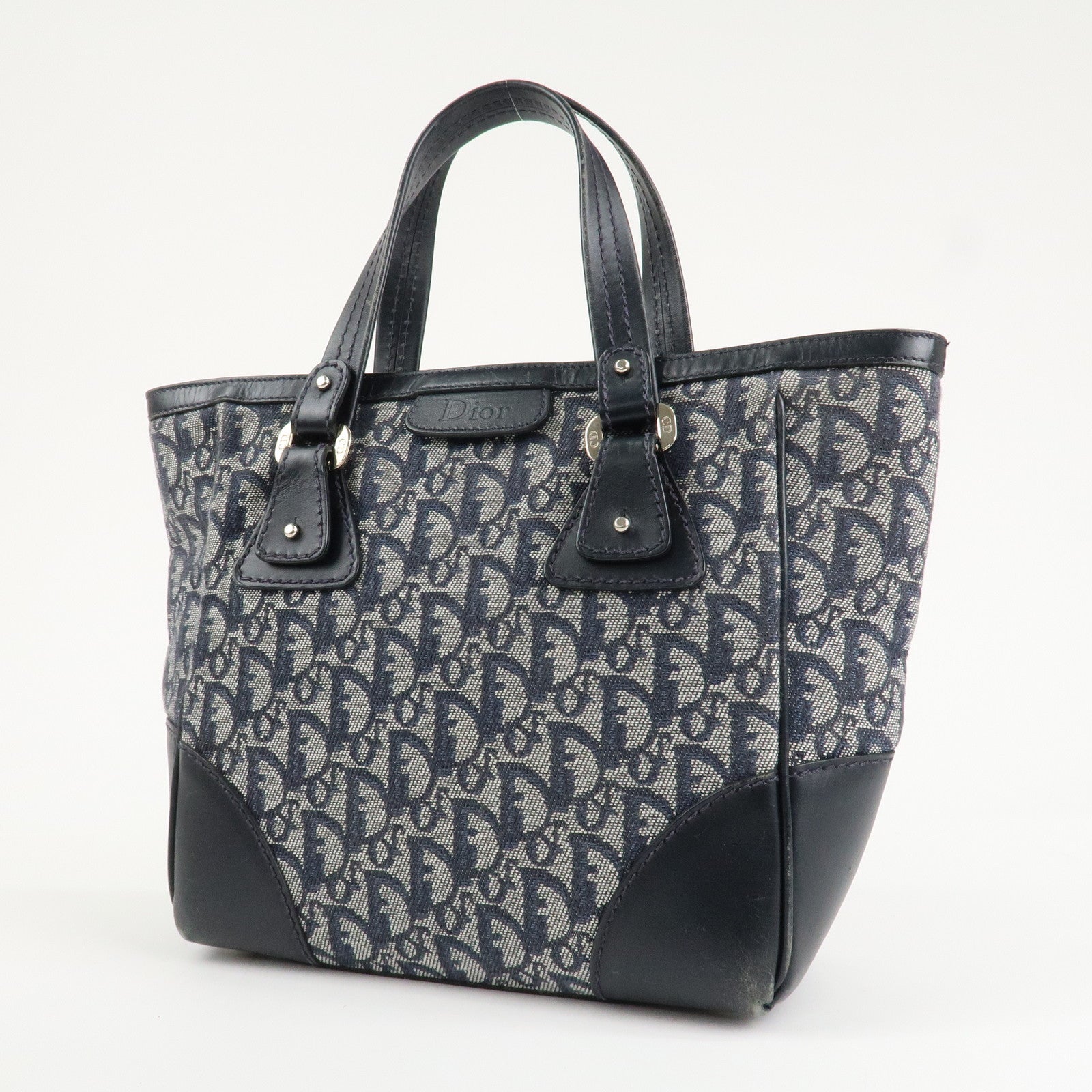 Christian Dior Trotter Leather Canvas Hand Bag Tote Bag Navy Used