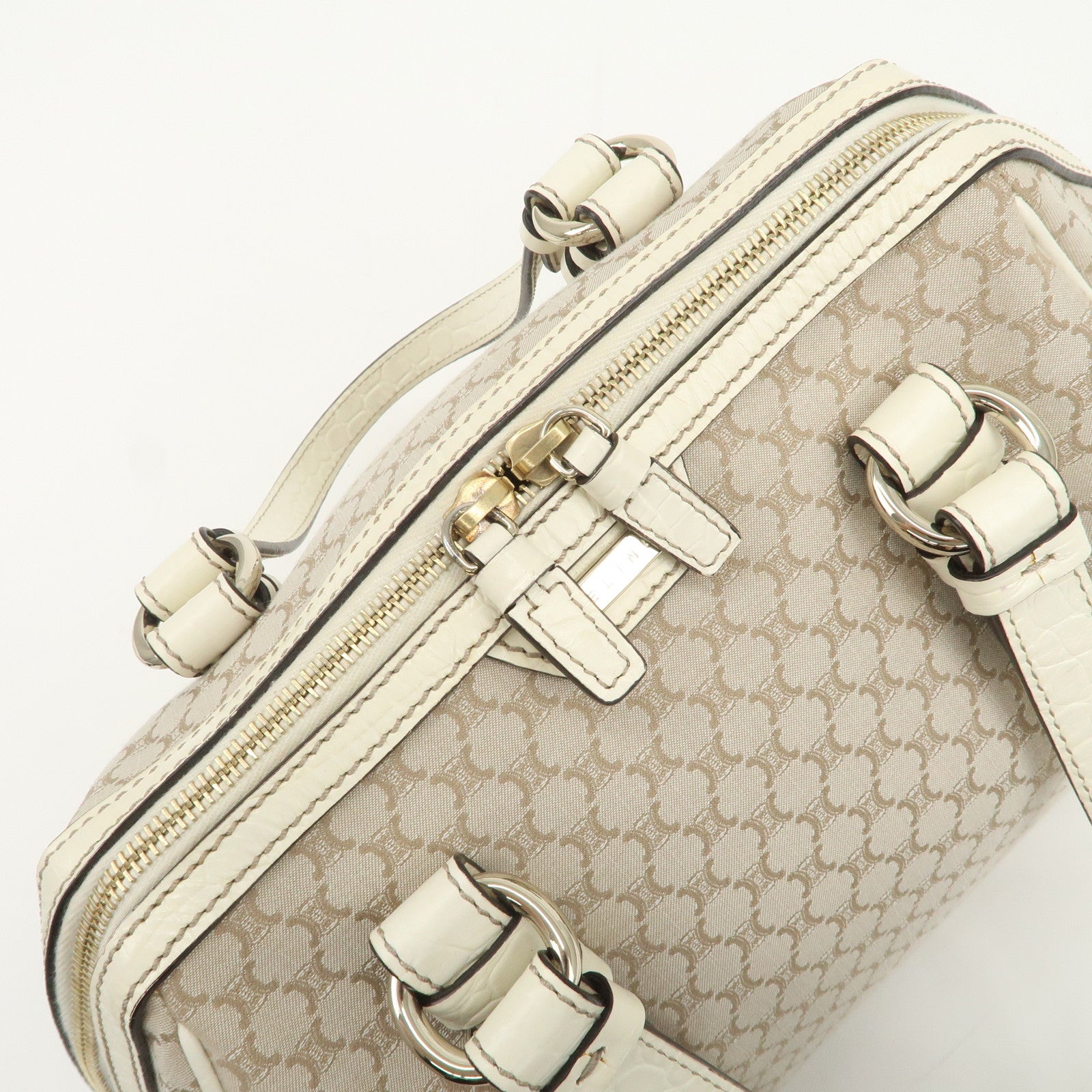 CELINE Macadam Canvas Leather Boston Bag Hand Bag Beige Ivory