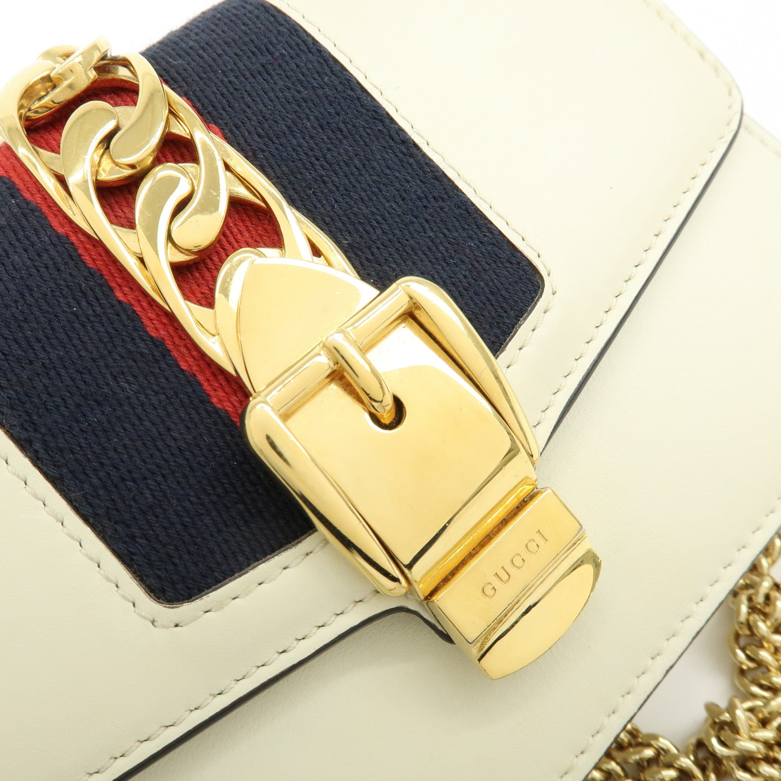 GUCCI Sherry Silvie Leather Canvas Chain Shoulder Bag White 494646