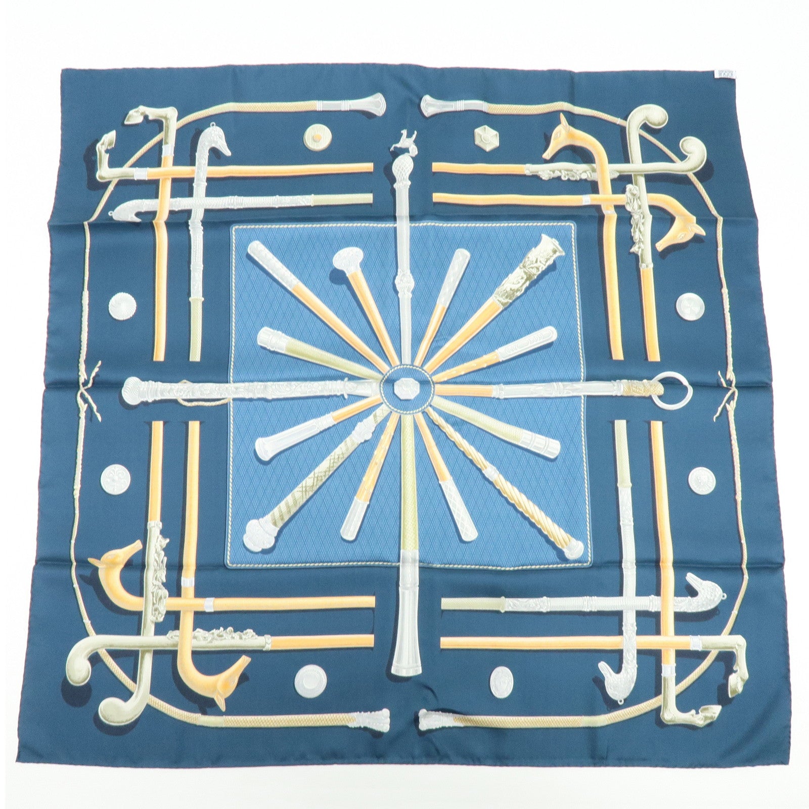HERMES Carre 90 Silk 100% Scarf CANNES ET POMMEAUX Navy