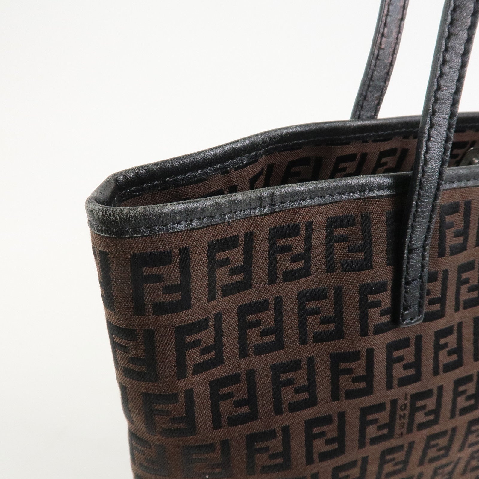 FENDI Zucchino Canvas Leather Tote Bag Hand Bag Brown Black 8BH074