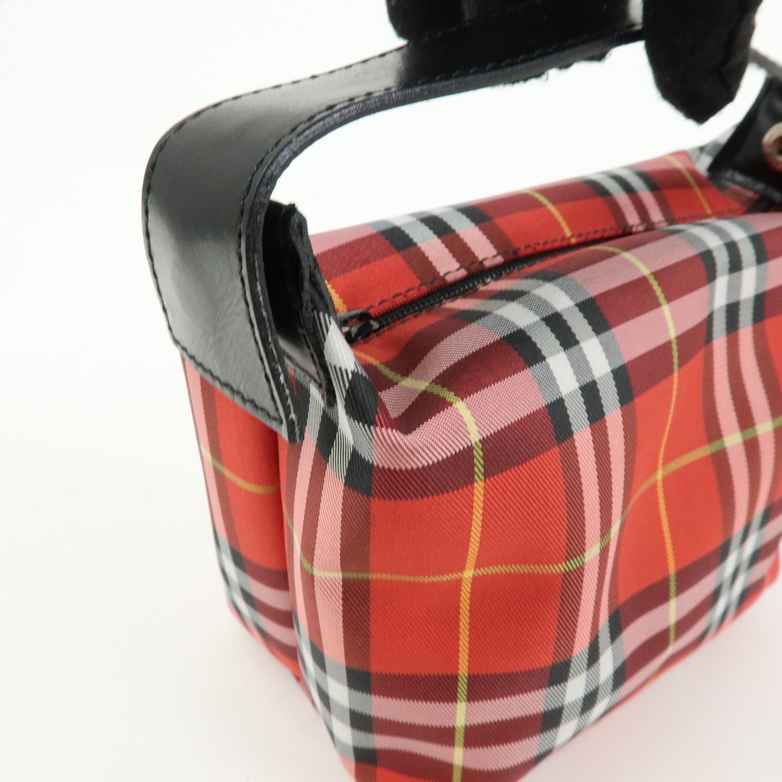 BURBERRY Canvas Plaid Leather Mini Hand Bag Red