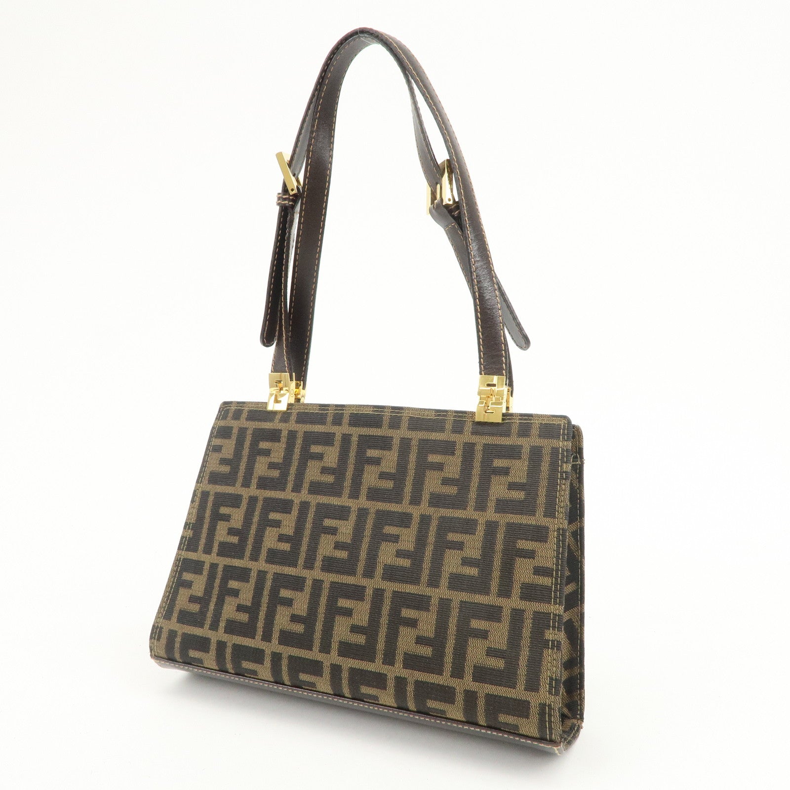 FENDI Zucca Canvas Leather Shoulder Bag Hand Bag Brown Black